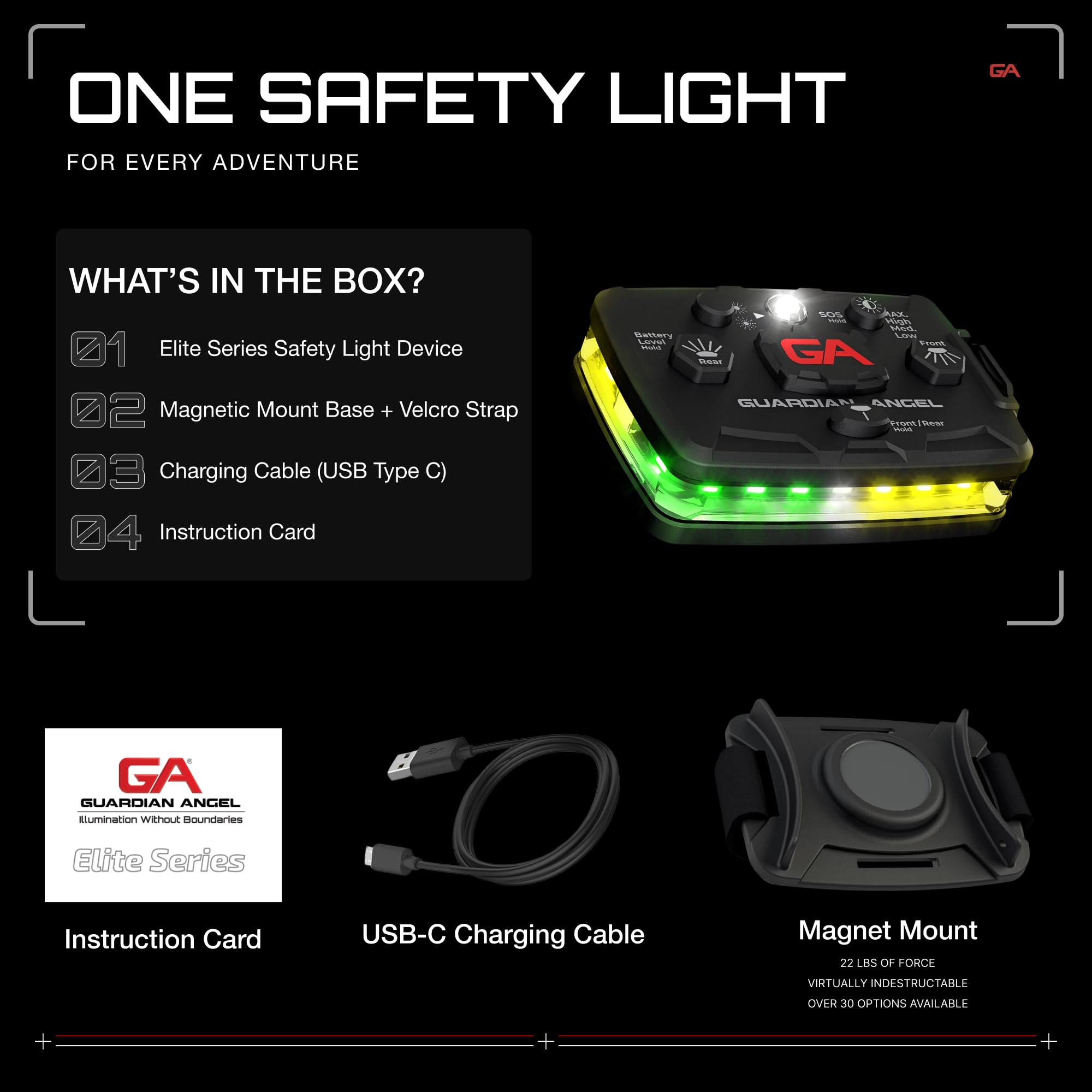 Guardian Angel Elite Series Safety Light (Green/Yellow Front & Green/Yellow Rear) - Rechargeable, Magnetic, Hands-Free Wearable