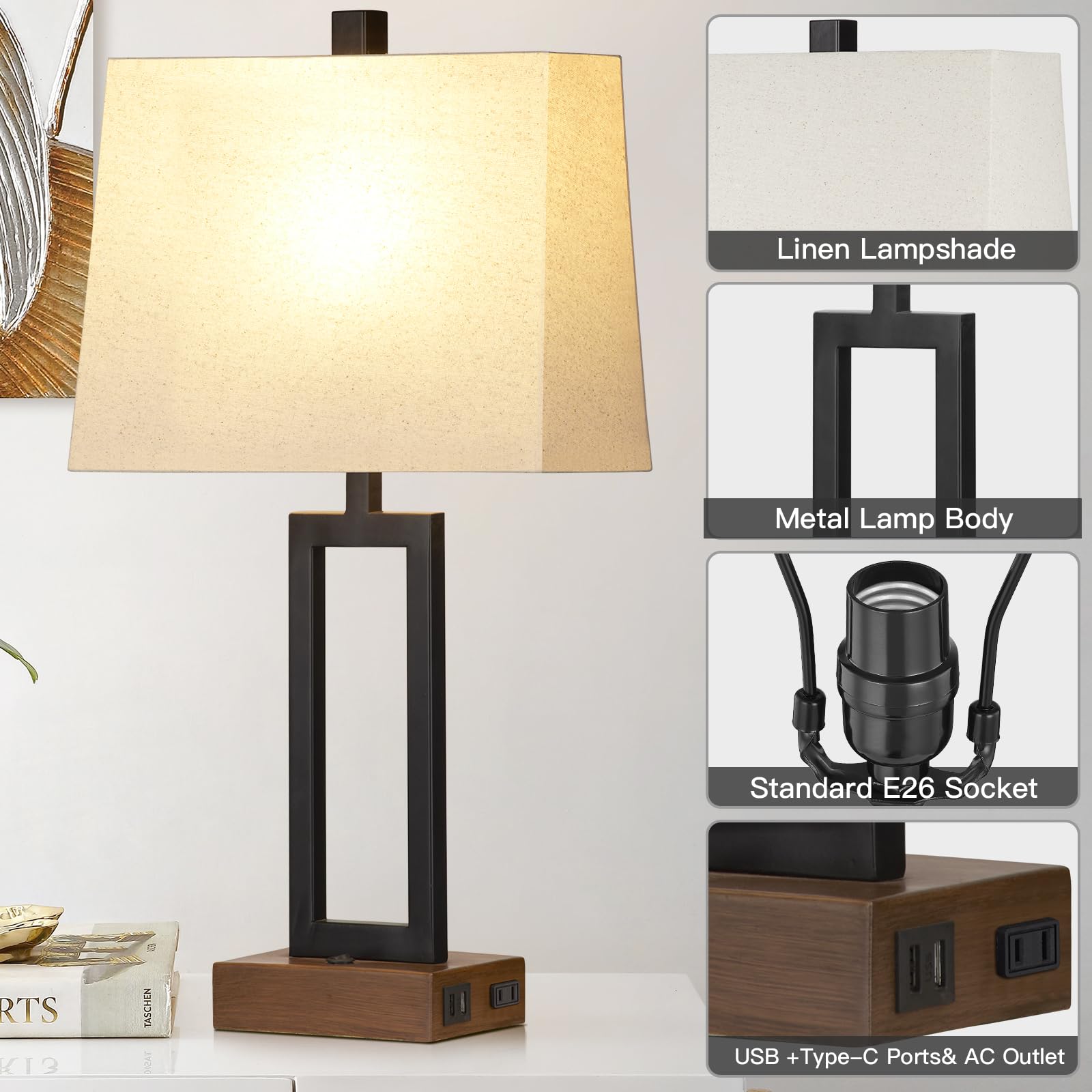 Table Lamps Set Of 2 With 2 Usb Ports And Ac Power Outlet, Modern Bedside Lamp, Wood Nightstand Lamp With Linen Shade For Living