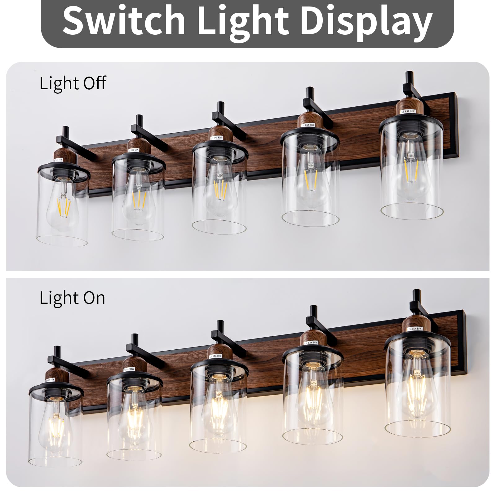 Lanhall 5-Light Farmhouse Bathroom Light Fixtures Vintage Bathroom Vanity Lights Over Mirror Black And Wood Painted Metal Vanity