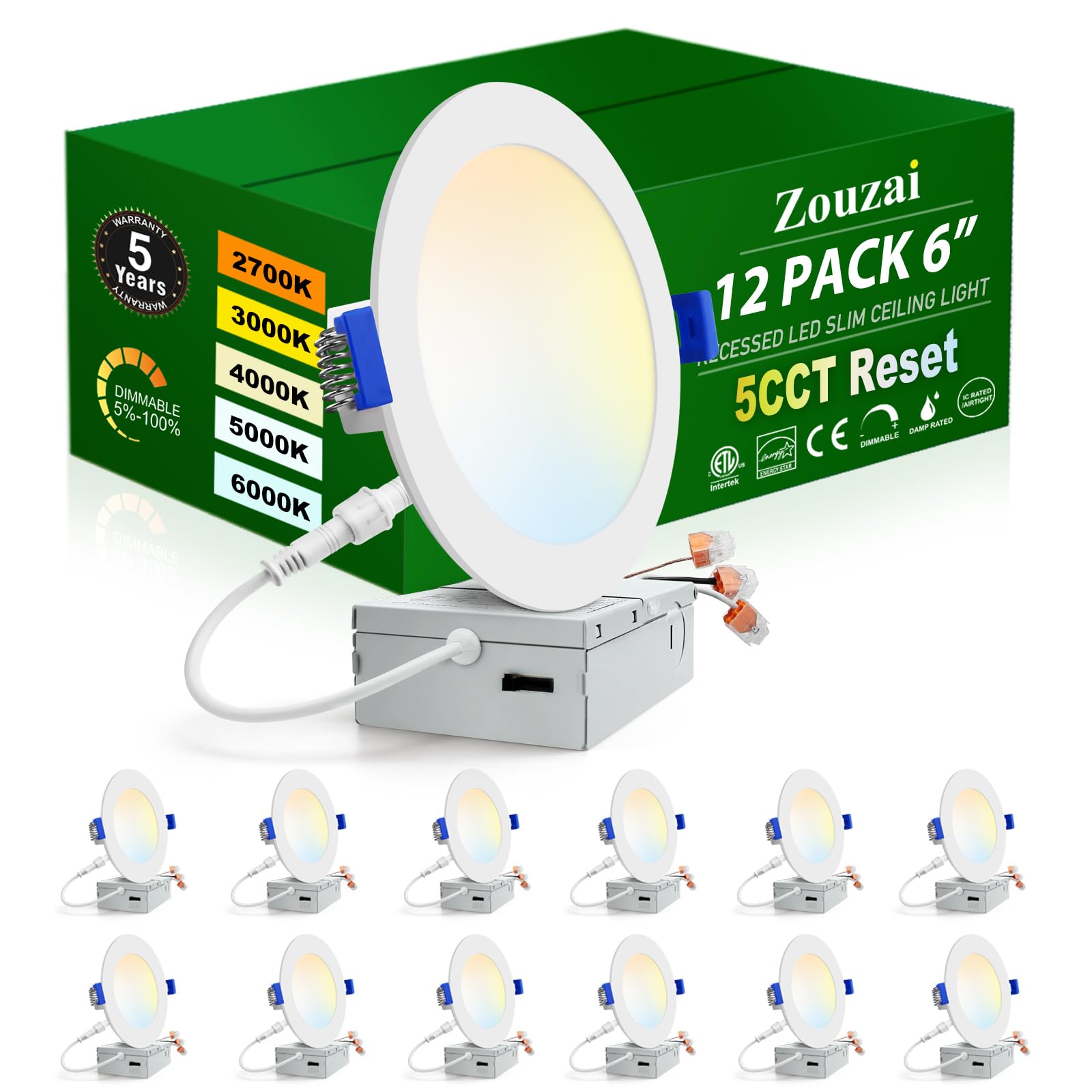zouzai 12 Pack 6 Inch 6000k/5000k/4000k/3000k/2700k 5CCT Selectable Ultra-Thin LED Recessed Ceiling Light with Junction Box,12W 