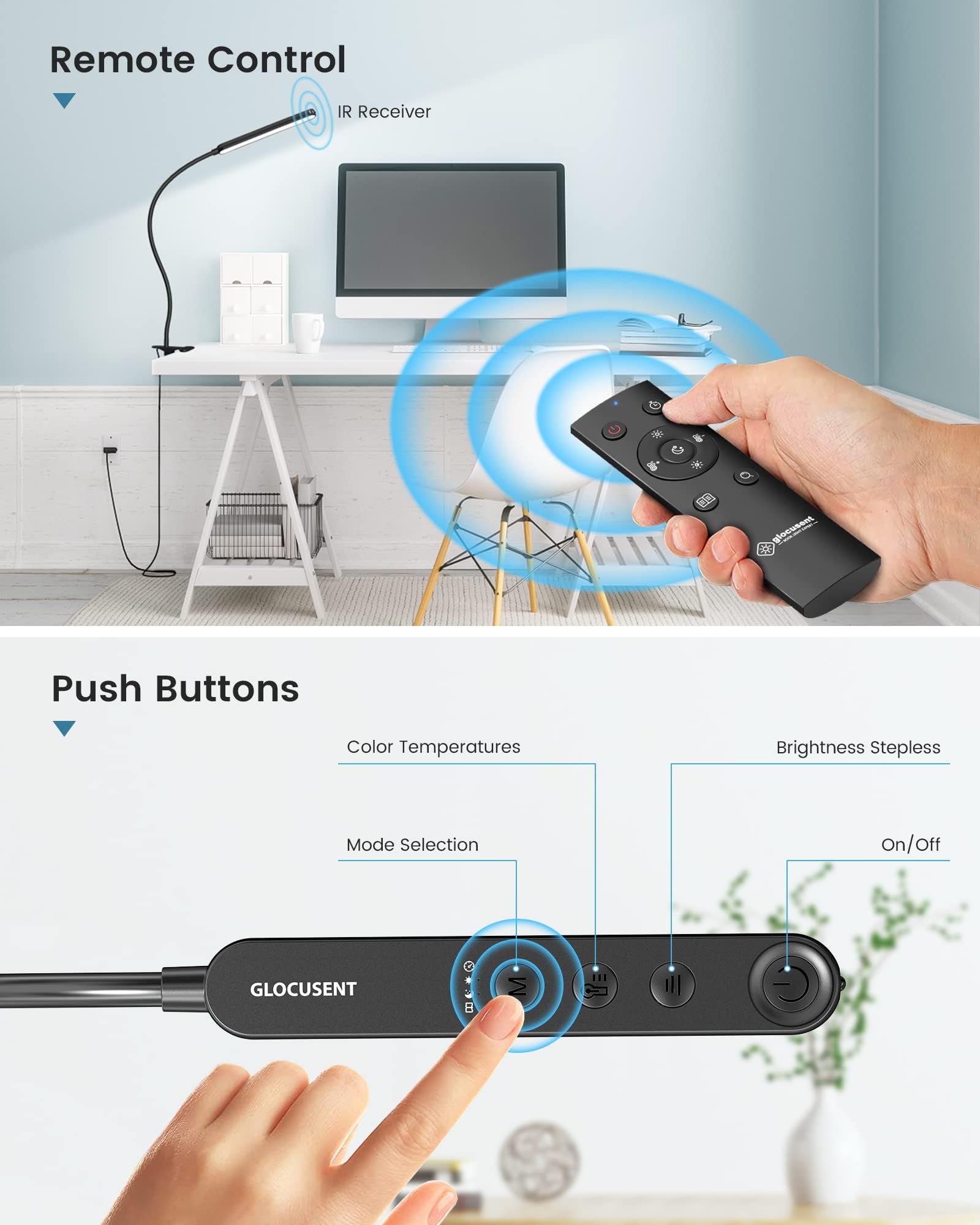 Glocusent Clip On Light, 5W Multi-Purpose Bed Lamp, 38 LED, 5 Brightness Levels, Remote, Auto Off Timer, Black, Model A31