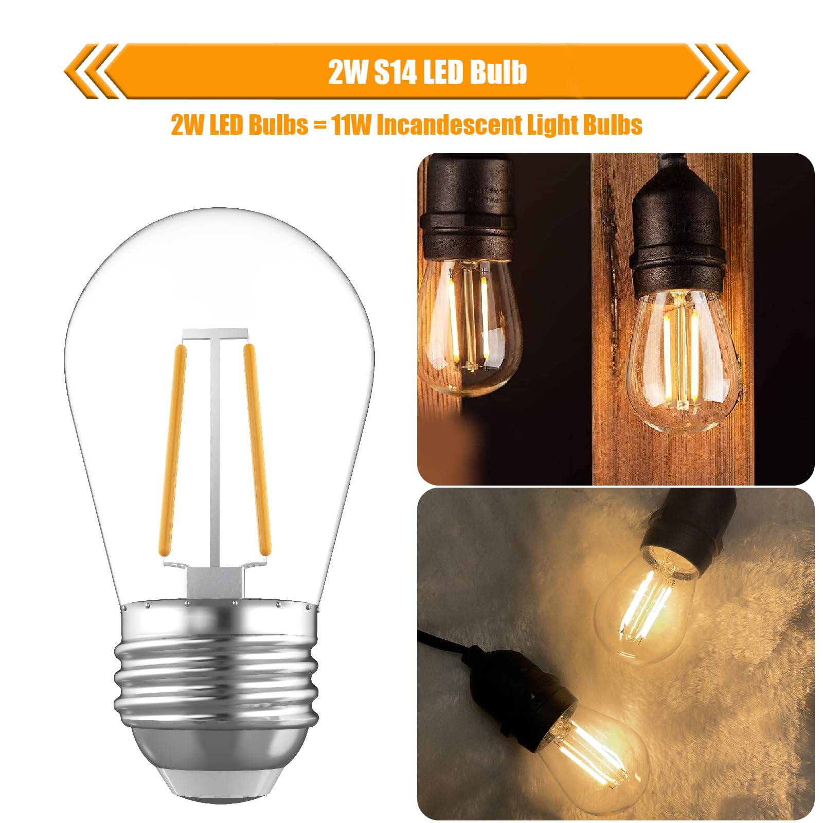 Winsaled Replacement Bulbs For String Lights, 2W S14 Shatterproof Outdoor Led Light Bulbs, 2700K Soft White, E26 Base, 30 Pack
