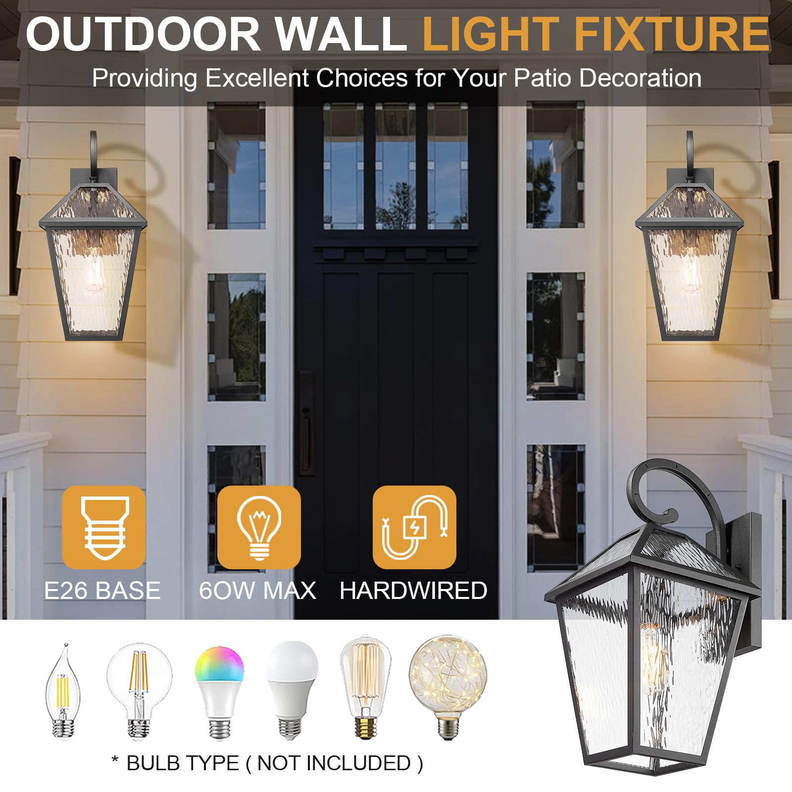 Luminzone Outdoor Wall Lantern, Waterproof, Large, Matte Black, Model 7H1B-M WH, Water Ripple Glass, 1 Pack