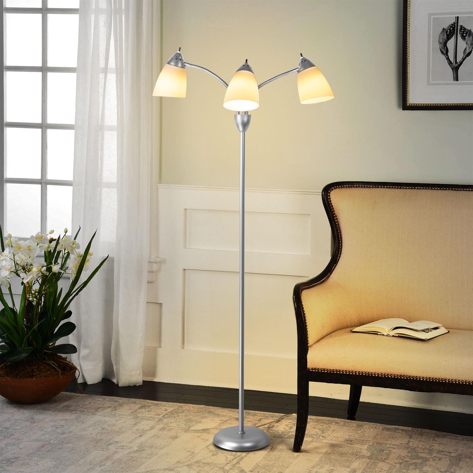 DLLT Modern Floor Lamp for Room: 3-Light Flexible Gooseneck Silver Floor Lamps Standing for Living Room Bedroom Home Study Room 