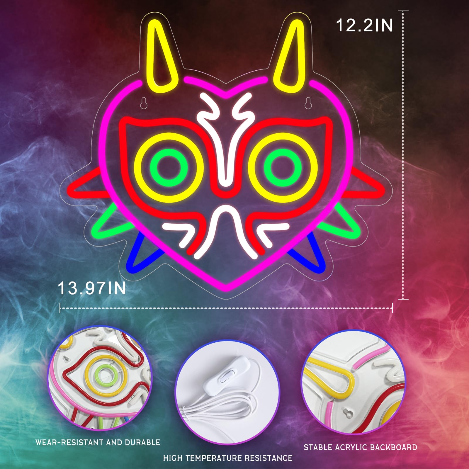 Ethereal Lomoer Neon Sign - Zelda Majora's Mask Gaming Decor, 12.2" x 14", Colorful, USB Powered for Boys & Teens