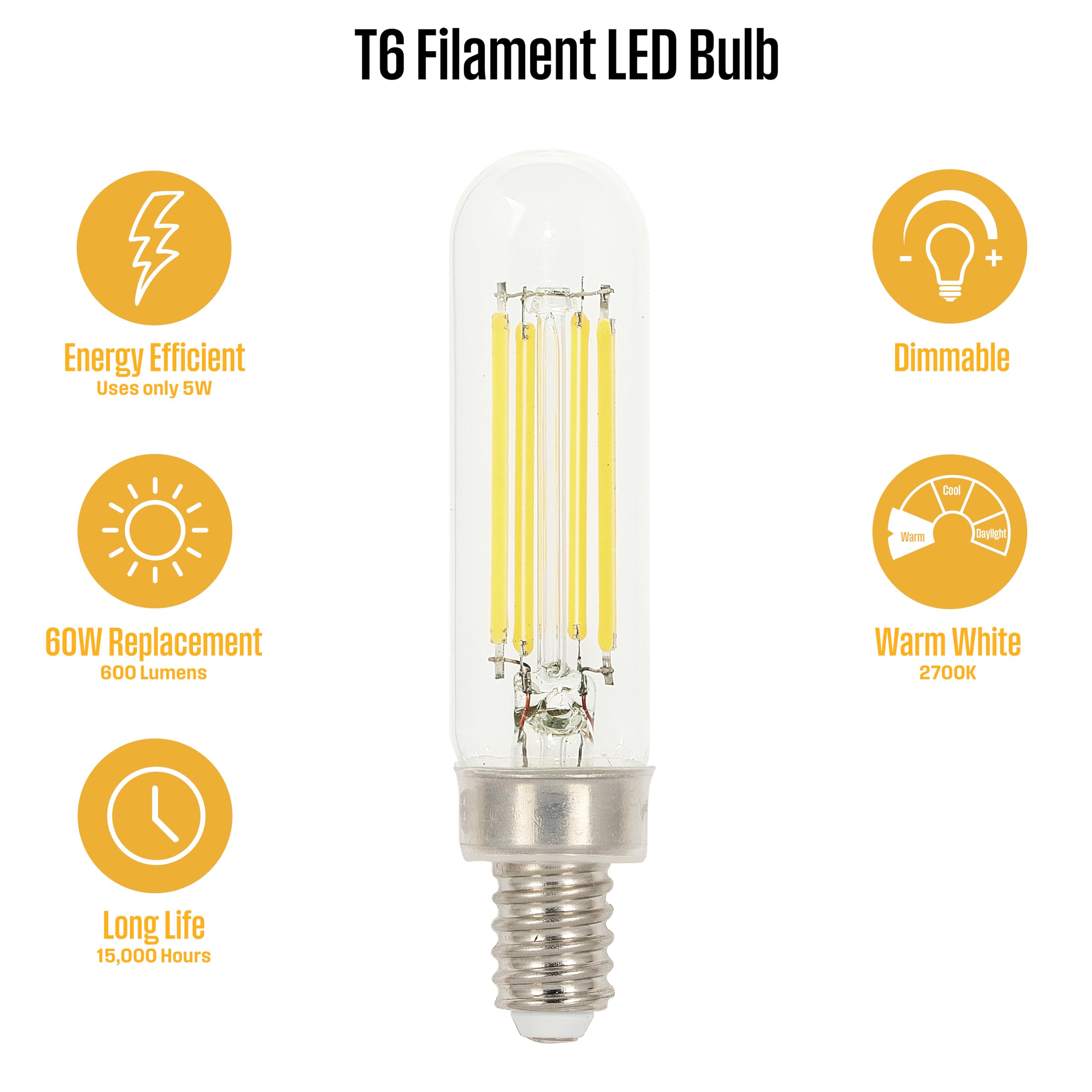 Westinghouse Lighting 5334020 5 Watt (60 Watt Equivalent) T6 Dimmable Clear Filament Led Light Bulb, Candelabra Base, 6 Pack