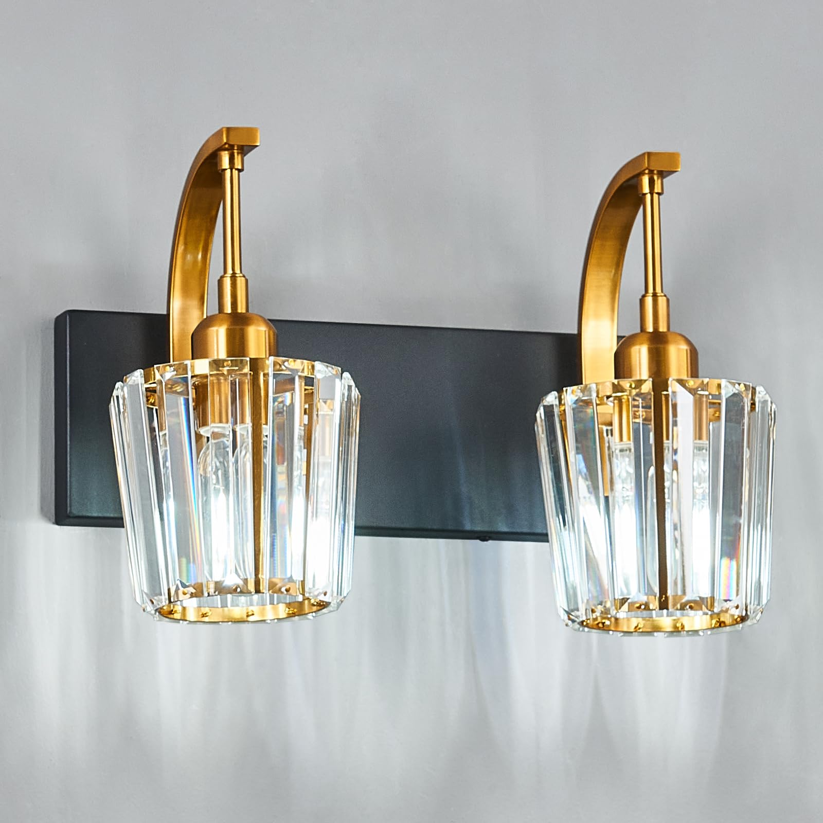 Fdpby Modern Bathroom Vanity Light  2-Light Black Gold Wall Sconce With Crystal Accents  Over Mirror Bathroom Lighting Fixture  13.77 Long Dimmable Vanity Lamp For Makeup  Easy Installation
