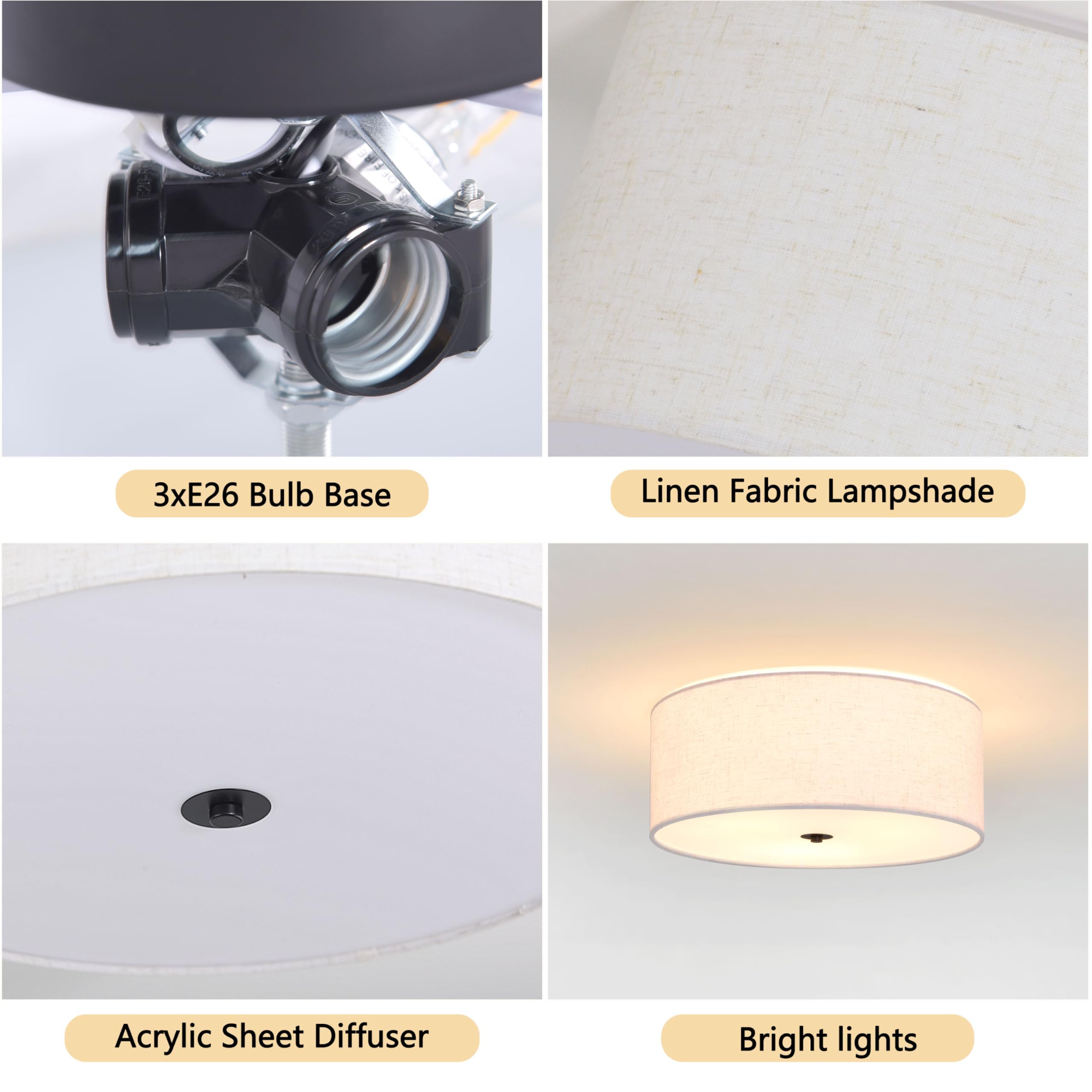Bagood 15.7 Inch 3-Light Drum Modern Black Ceiling Light Fixture Flush Mount Ceiling Light Fixture Dimmable Close To Ceiling Lig
