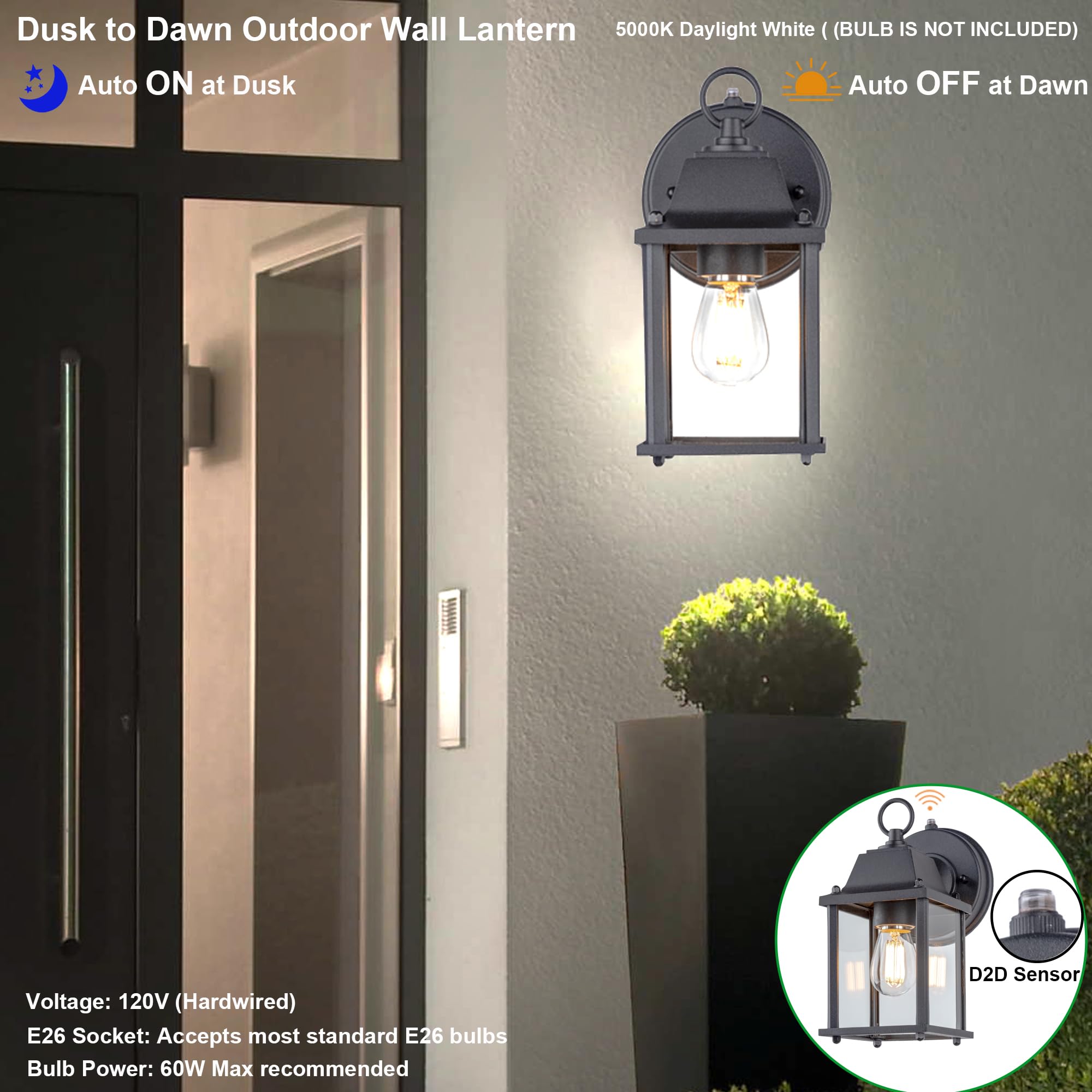 Lit-Path Dusk To Dawn Outdoor Wall Lantern, Wall Sconce Waterproof Porch Lighting Fixture, E26 Base, Aluminum Housing With Glass
