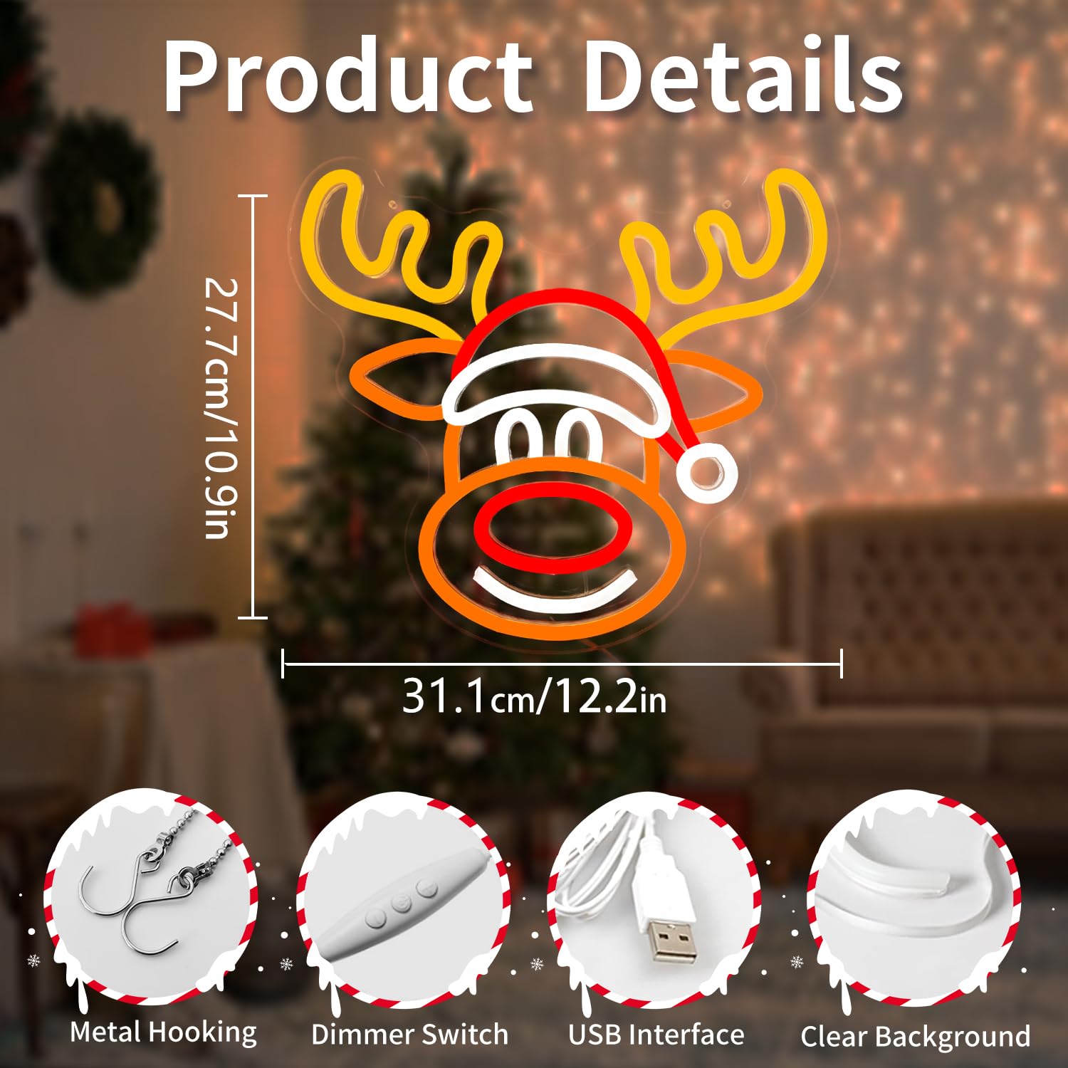 Vveikea Neon Sign Elk LED Wall Decor, Dimmable Reindeer Lights, 12.2 x 10.9 inches, Colorful Acrylic