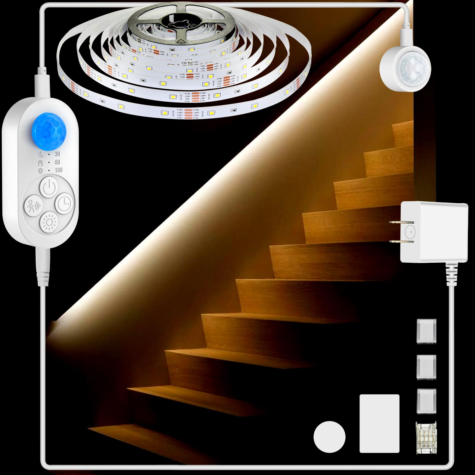 orgaror Dual Sensor Stair Lights Indoor  Motion Activated Plug-in Step Light Band Indoor with Dimmer  Delay Timer for Stairway (Warm White 3000K (16.4FT Light Band)  Power Adapter (3.28FT Cable))