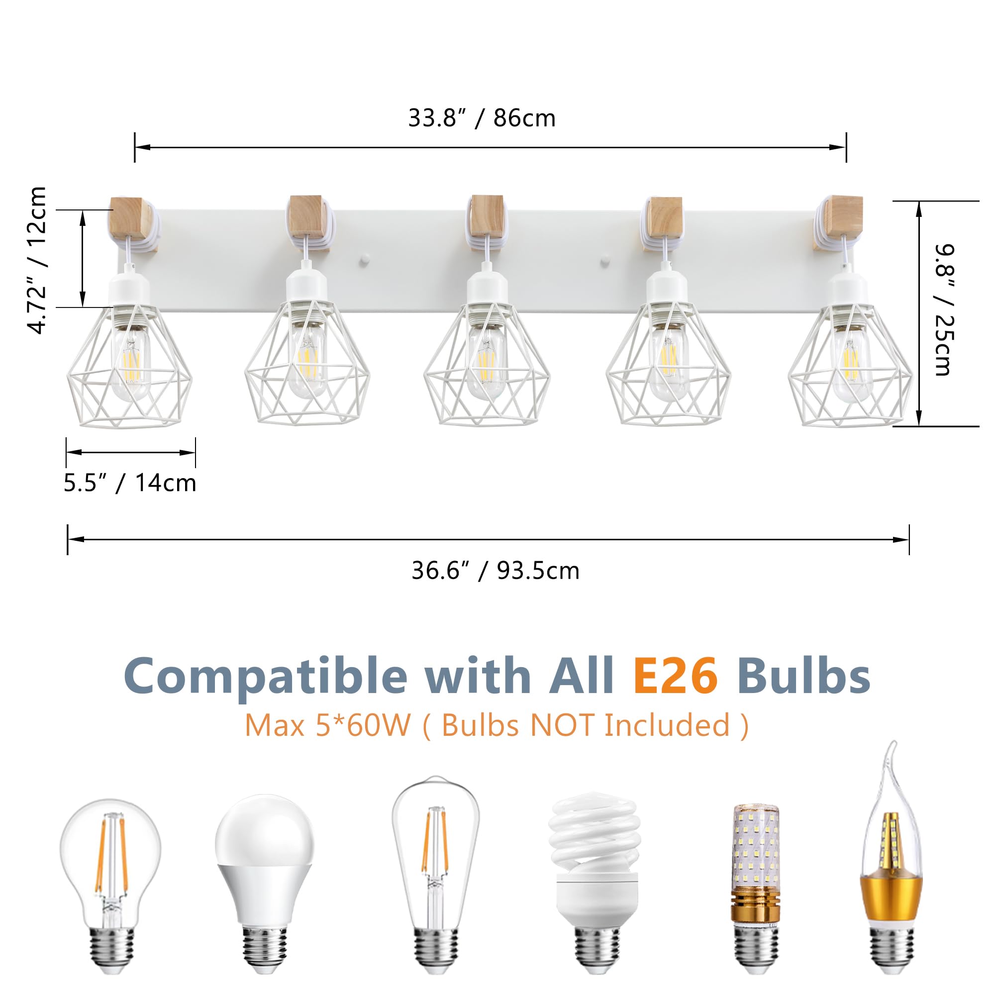 Farmhouse Vanity Light For Bathroom, 5-Light White Wood Bathroom Vanity Light Fixtures Over Mirror, Rustic Sconces Wall Lighting