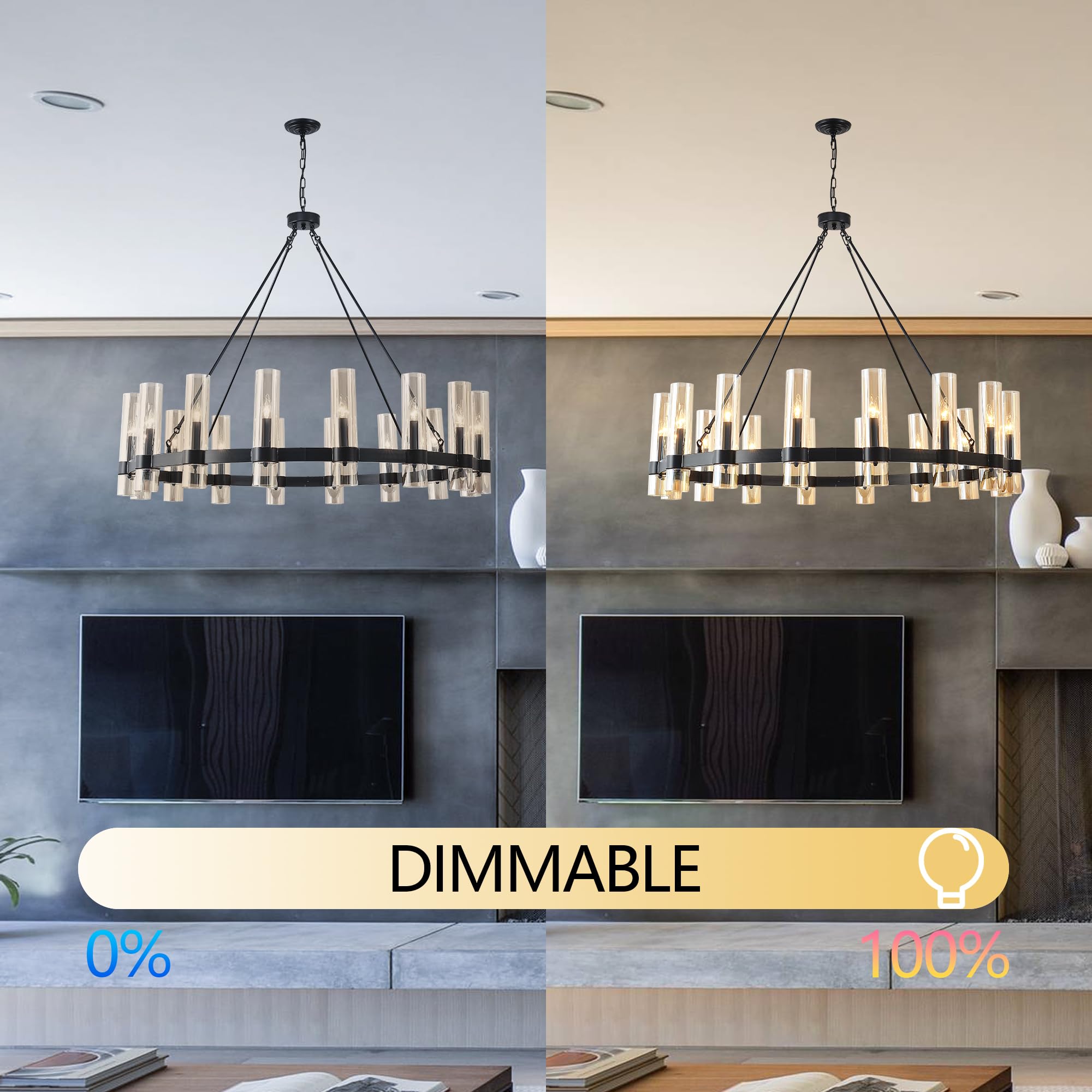 JKLX 48 Inch Black Wagon Wheel Chandelier, 16 Lights, Brown Glass Shade for Dining Room, Kitchen, Foyer, Living Room