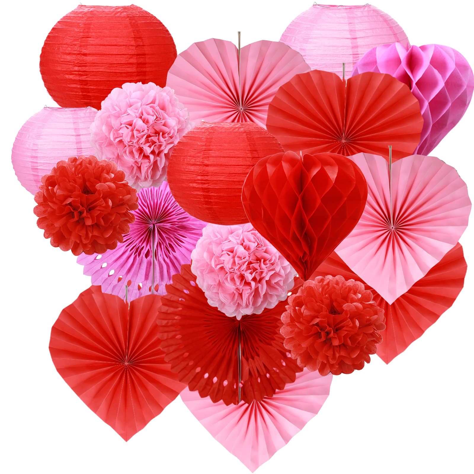 18 Pieces Valentines Day Party Paper Lanterns Red Pink Heart Paper Fans Pompoms Honeycomb Balls Lanterns for Wedding Anniversary