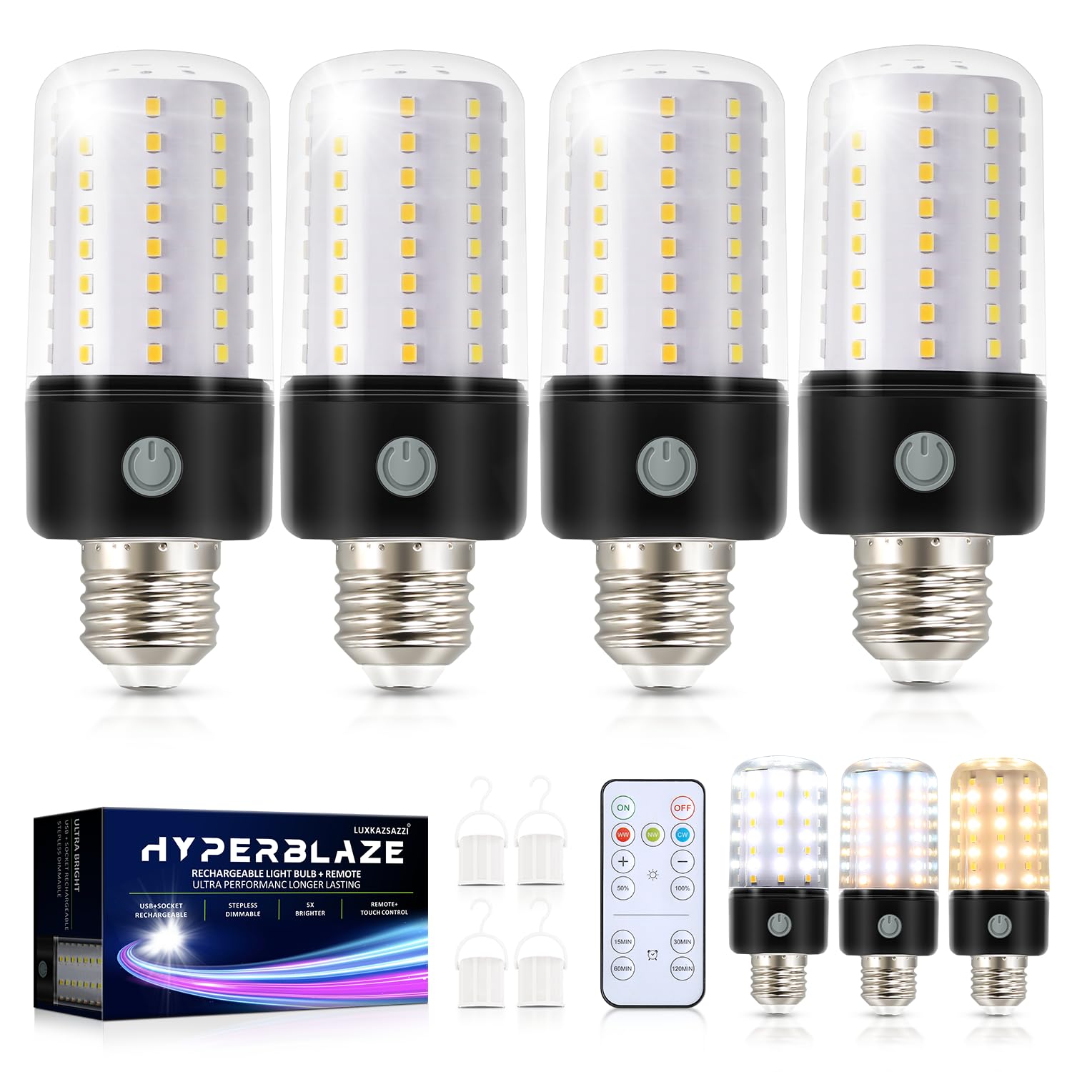 Hyperblaze Battery Operated Light Bulb With Remote, 72-Led Wide Bright & 3 Colors & Dimmable Rechargeable Light Bulbs For Lamps,