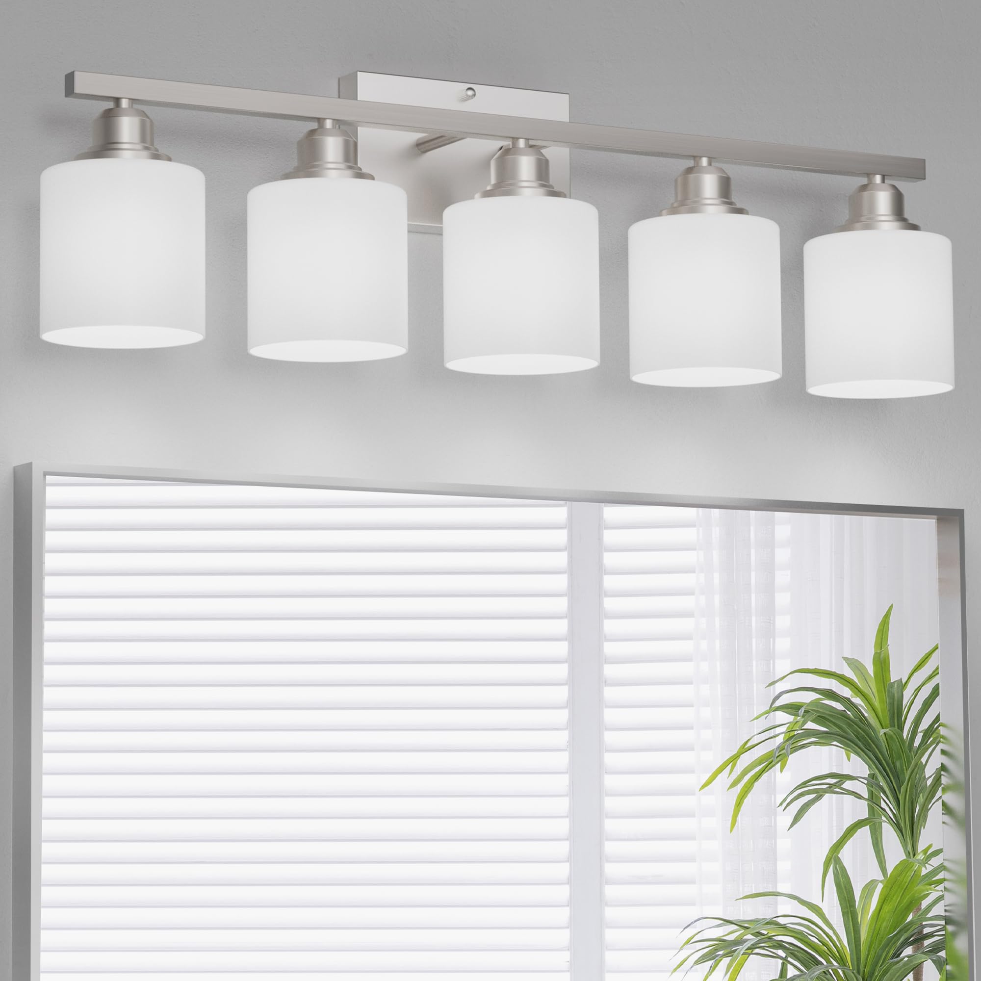 Sailstar 5-Light Bathroom Light Fixture, Brushed Nickel, Anti-Rust, White Glass Shades, E26 Base, Model CP-JQD-H-002