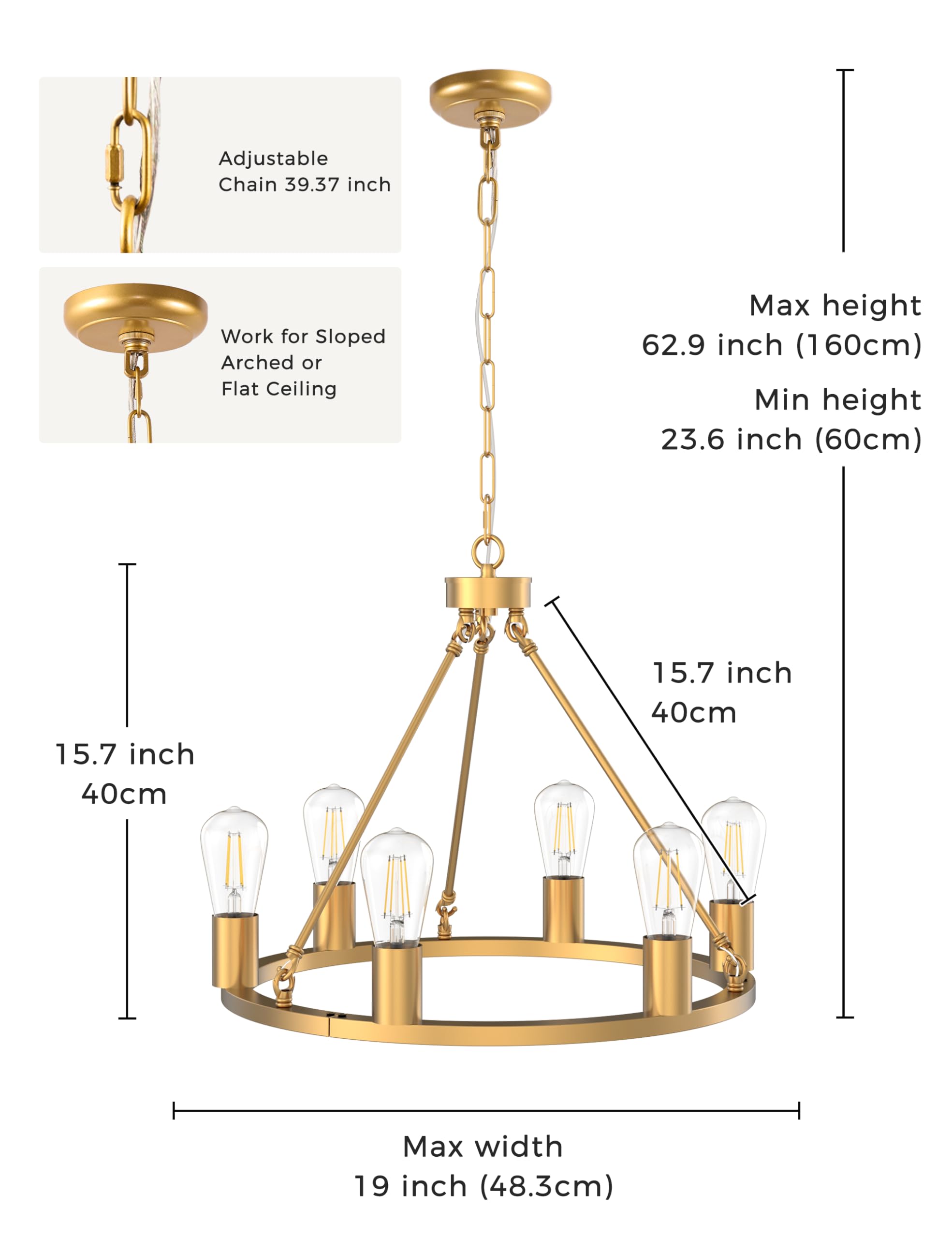 L Lohas Led Gold Farmhouse Chandeliers For Dining Room, 6-Light Wagon Wheel Chandelier Over Table, Height Adjustable, 19'' Dinin