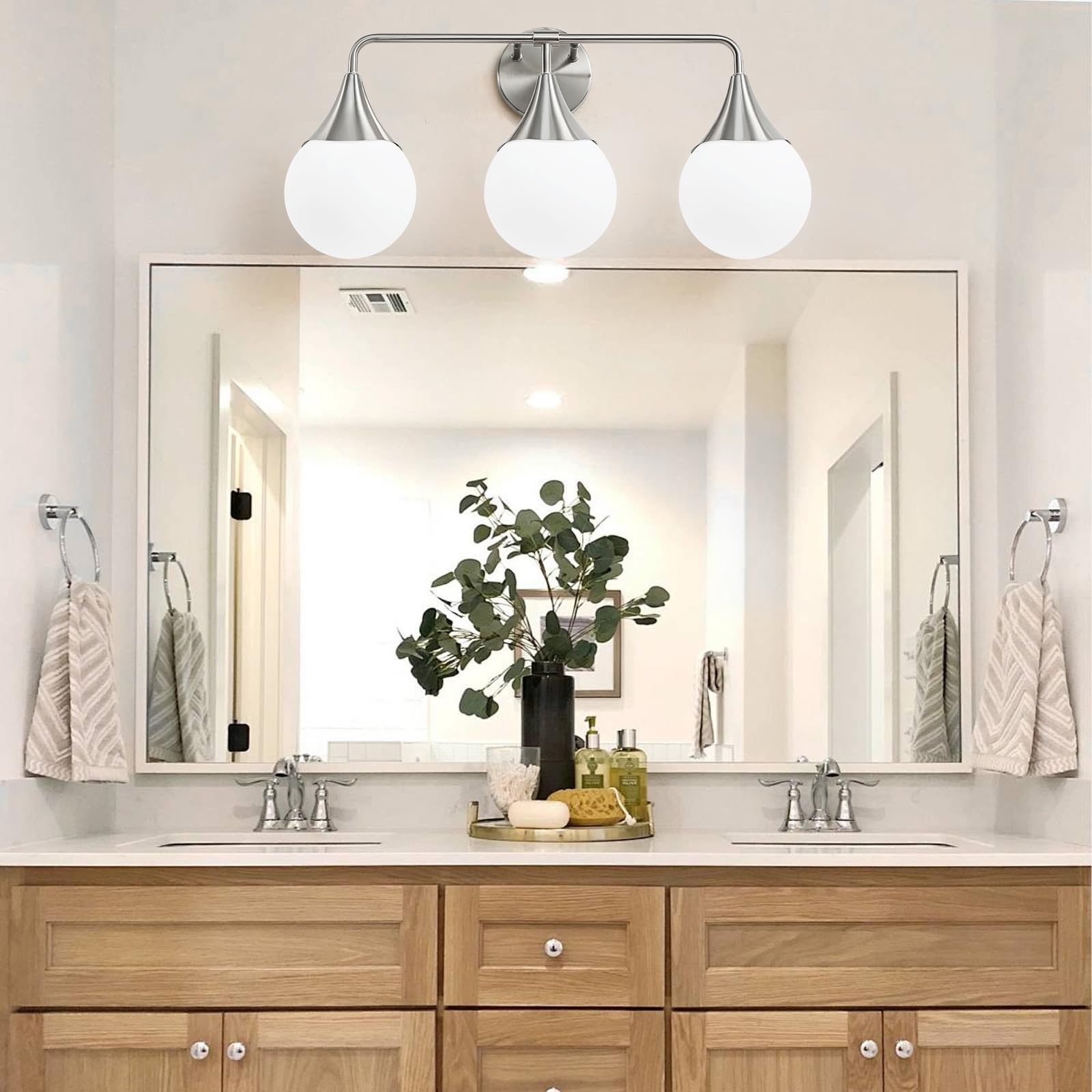 HAHZT 3-Light Bathroom Vanity Light Fixture - Brushed Nickel, Metal, Mid Century Modern Design with Milky White Globe Glass, Model 8089ML