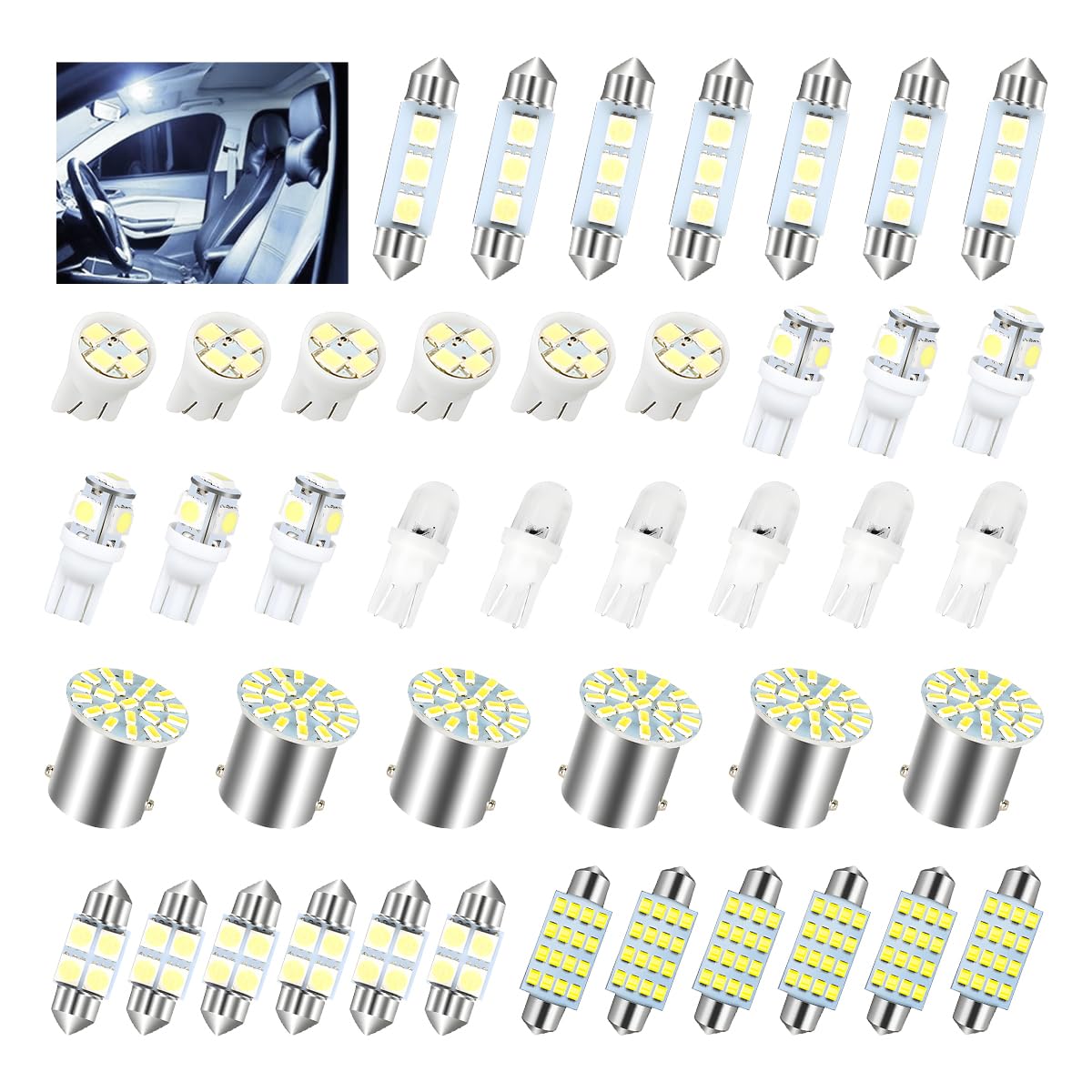 HIPOPY Car LED Lights Kit, 42 Pcs Auto Interior Bulbs, 6000K, T10 for Accessory, Brake, License Plate, Map, Parking Lights