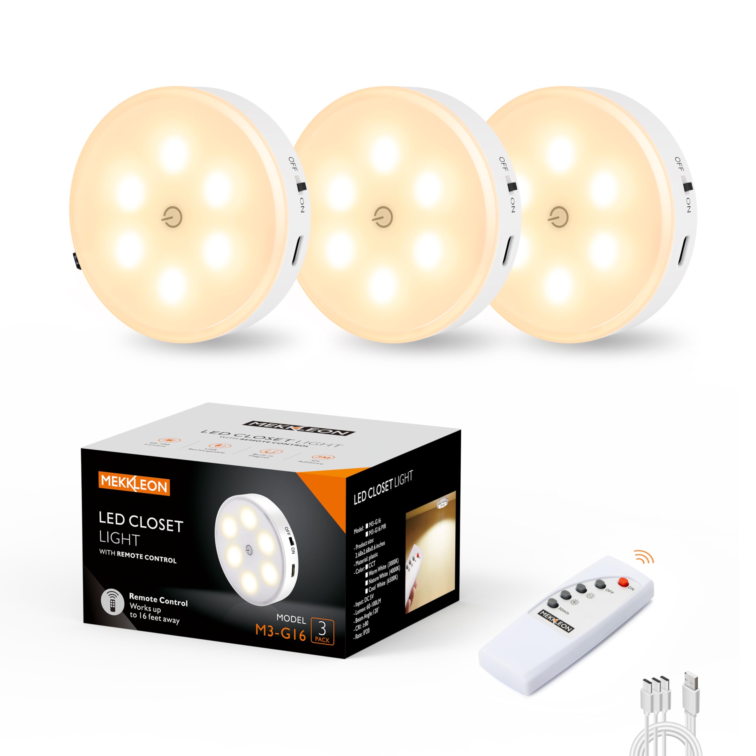 Mekkleon Puck Lights With Remote Control,1000Mah Rechargeable Under Cabinet Lighting,3Pack Led Closet Tap Light,Cordless Stick On Lights For Under Cabinet,Hallway,Stairway,Closet (Warm White)