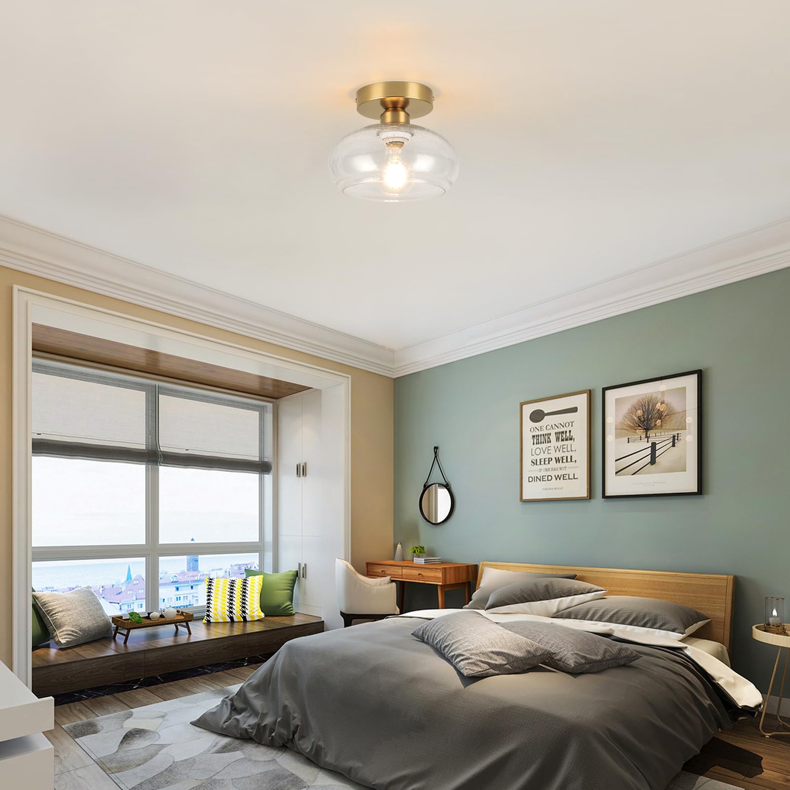 Wilon Semi Flush Mount Ceiling Light, Small Seeded Glass Ceiling Light Fixture Modern Gold Bathroom Ceiling Light Kitchen Lighti