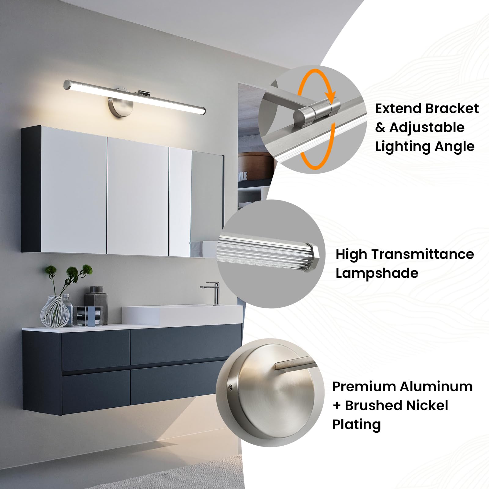 KAISITE Bathroom Light Fixture LED Vanity Light 30 Inch Brushed Nickel Dimmable Model KST-8037ML-24SN-3K