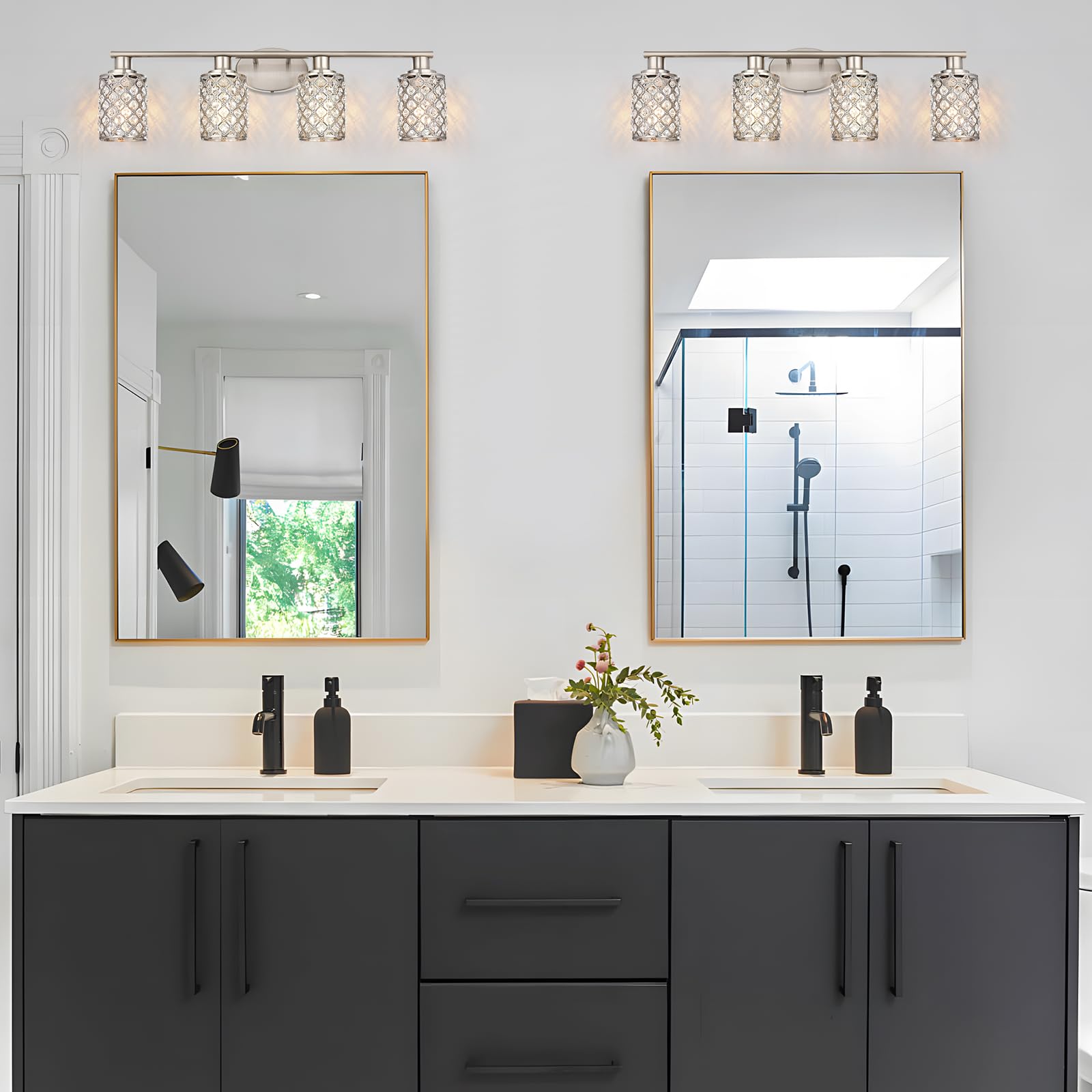 4 Light Bathroom Light Fixtures, Modern Farmhouse Vanity Light,Brushed Nickel Bathroom Lights Over Mirror,Crystal Vanity Lighting Fixtures For Bathroom,Powder Room