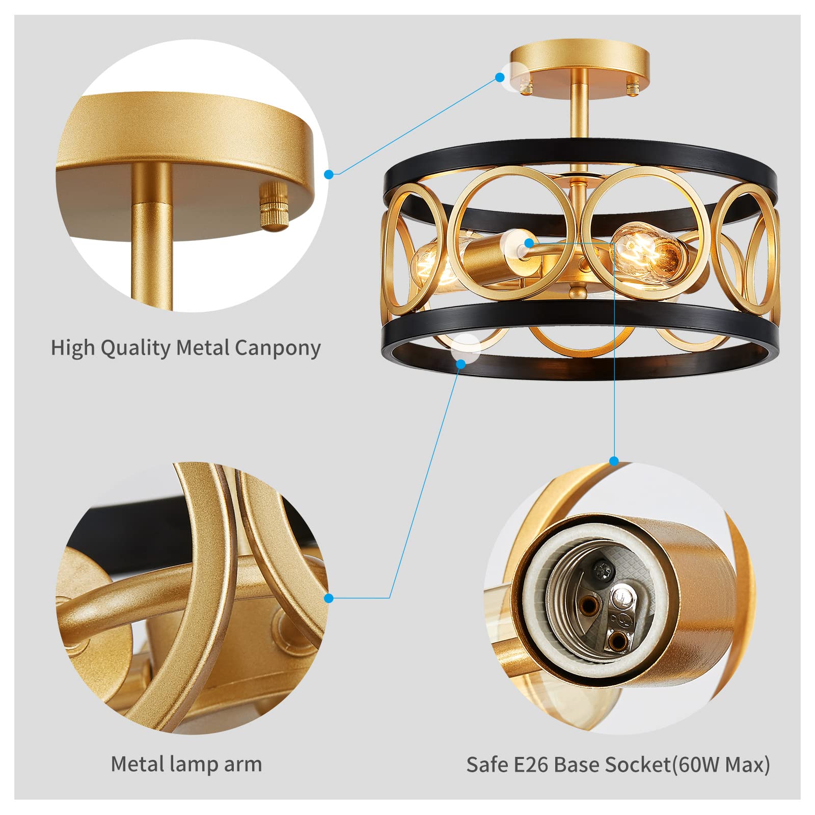 XINGQI Modern Drum Chandelier Ceiling Light, Black and Gold Metal, 13" Semi Flush Mount for Living Dining Room Bedroom