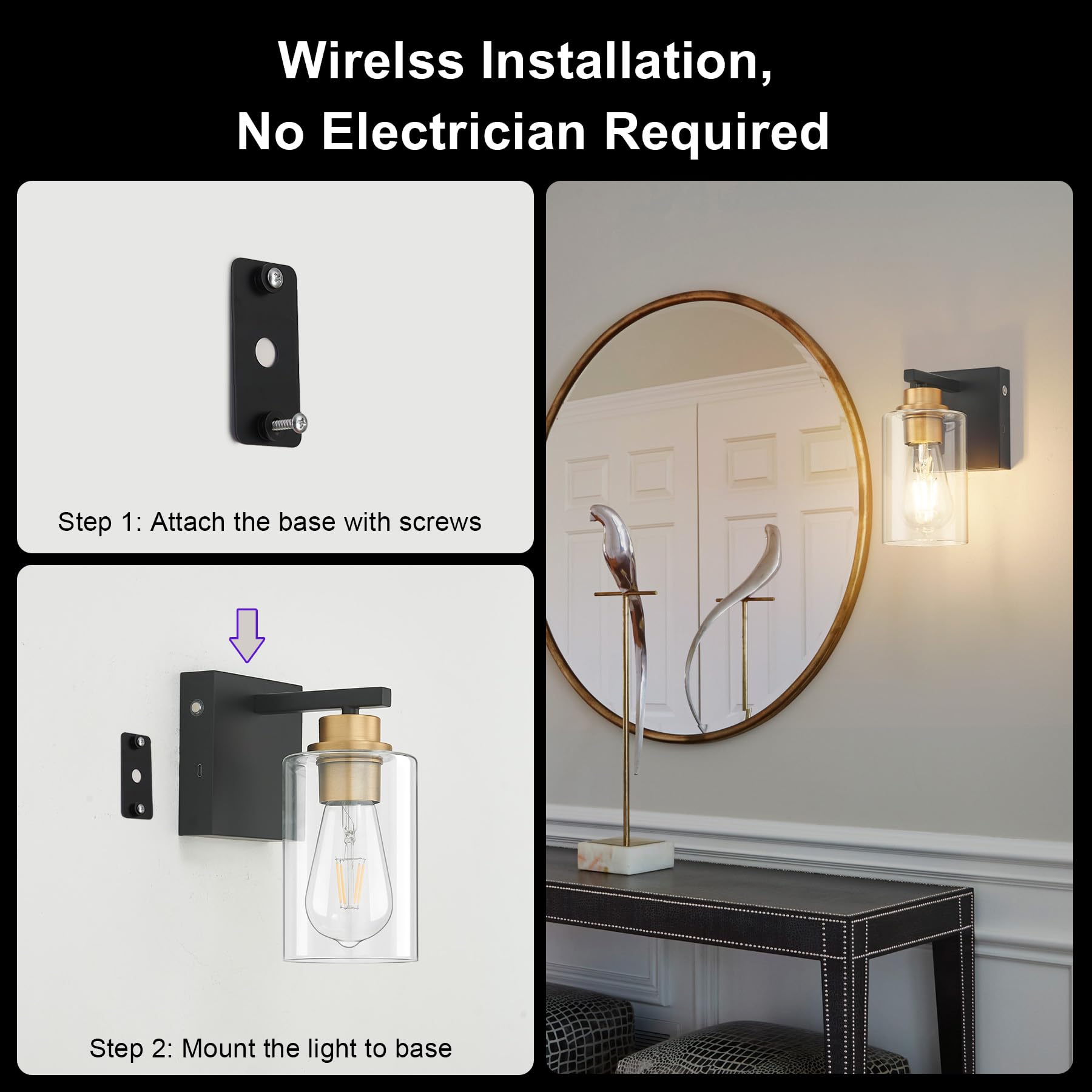 Set of 2 Battery Operated Wall Sconce with Remote Control, Wireless Rechargeable Sconces Wall Decor with Clear Glass, Black & Go