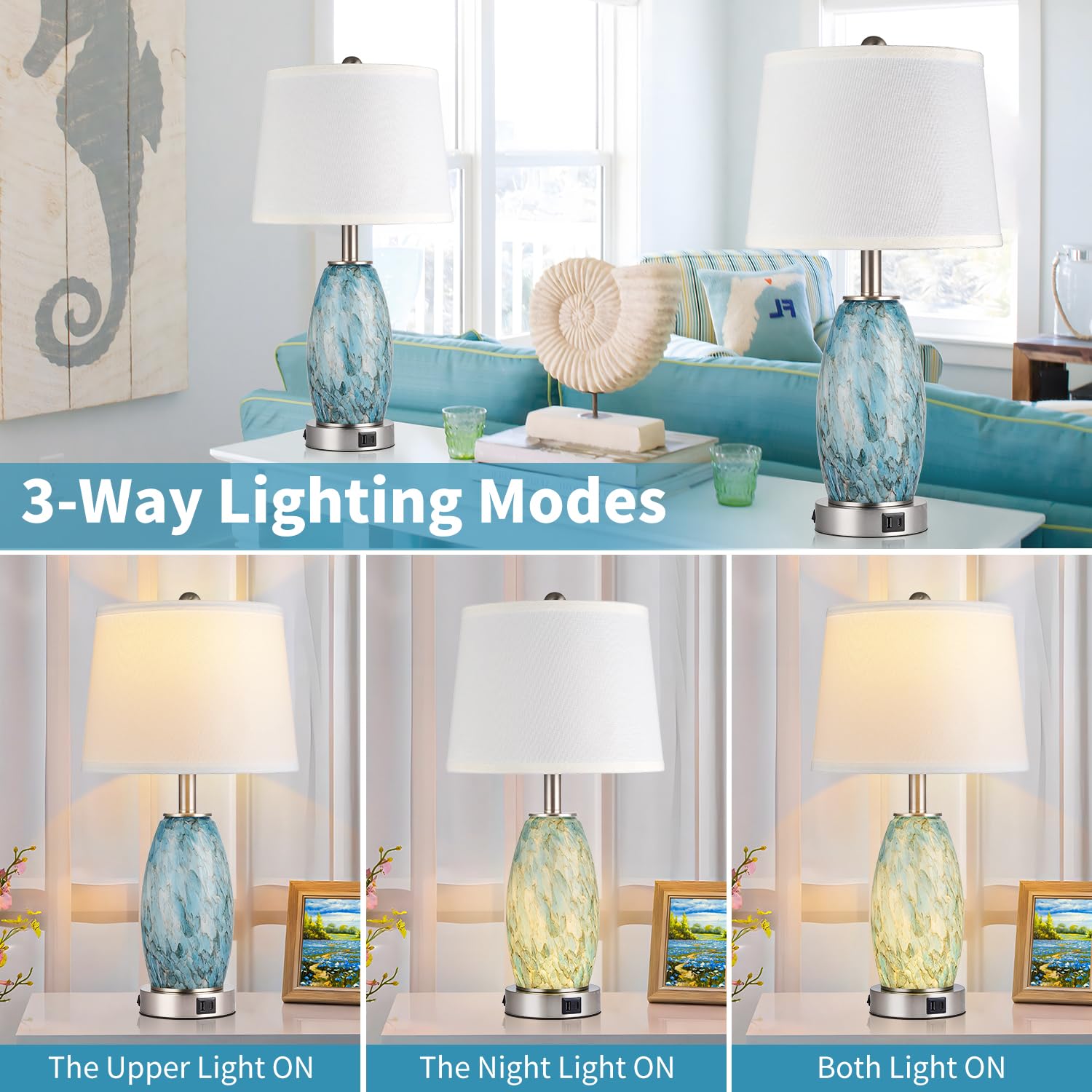 Table Lamps Set Of 2, 3-Way Lighting Modes Modern Table Lamps For Bedroom, Coastal Bedside Lamps With Usb Port & Type C, Glass Nightstand Lamps, 24" Table Lamps For Living Room Bedroom Decoration