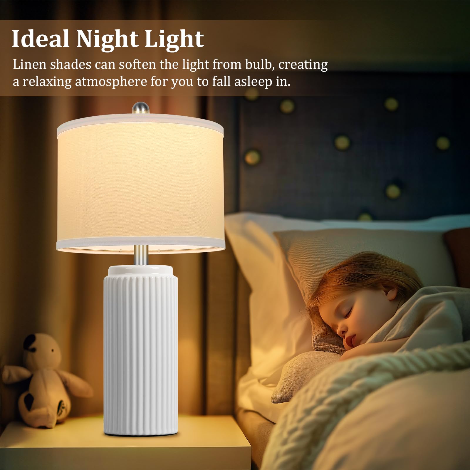 Tobusa 23.5 Modern White Ceramic Lamps Set Of 2, Living Room Retro Side Table Lamps, Farmhouse Bedside Nightstand White Lamps Fo