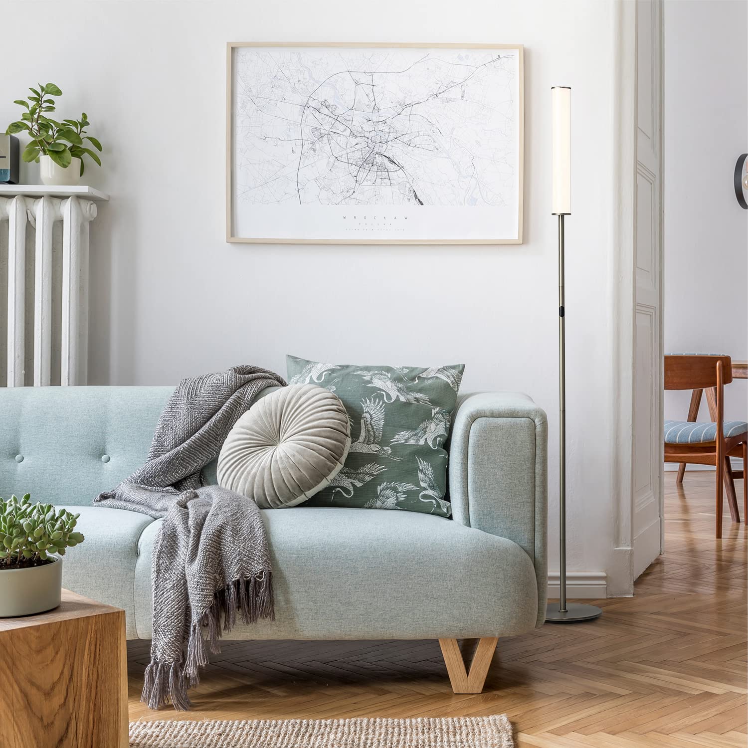 O'Bright LED Cylinder Floor Lamp, Remote Control, Dimmable 3000K-6000K, Brushed Nickel, Model OB-FL09D, Minimalist Design for Living Room &