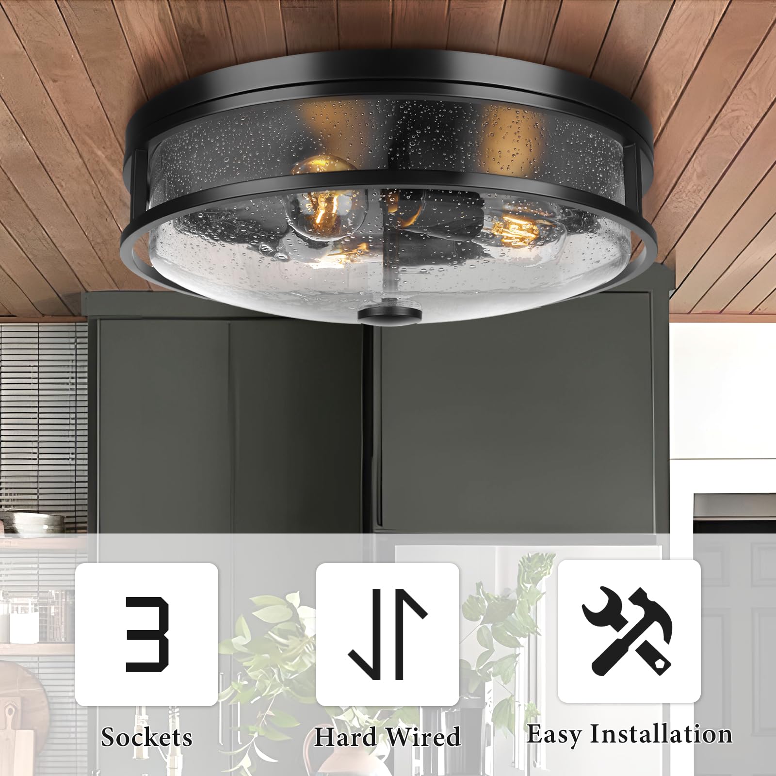 Rosient 16&quot; Black Flush Mount Ceiling Light Fixture, Seeded Glass, Modern Farmhouse Design