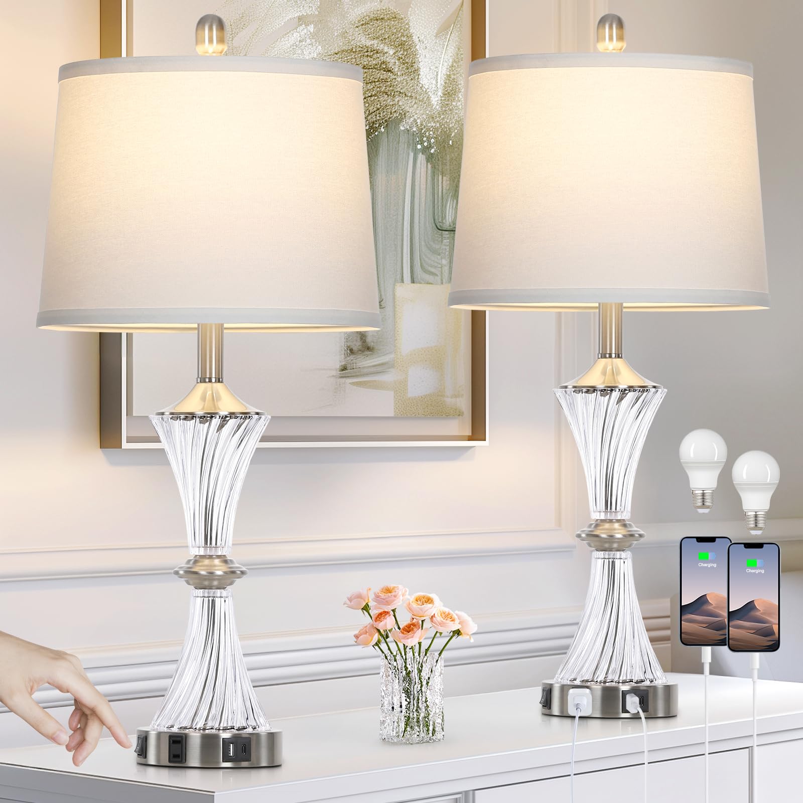 Rinweey Crystal Glass Table Lamp Set of 2 with USB C+A Ports & AC Outlet, White Clear Lamps, Modern Bedroom Lamps, Silver Lamps 