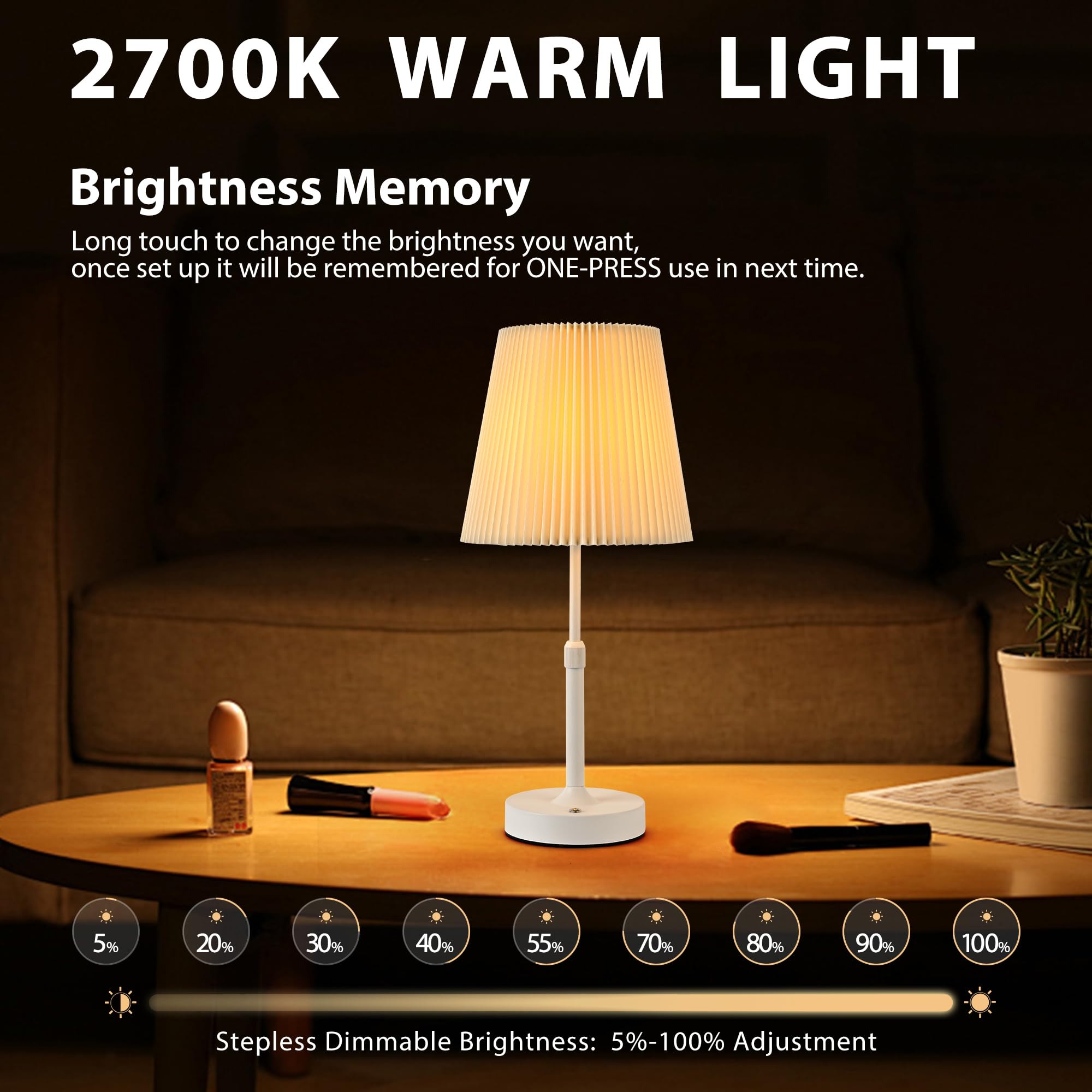 Hiseego Cordless Table Lamp, 2700K Stepless Dimmable Wireless Touch Lamp With 2 Bulbs, 5200Mah Rechargeable Battery Operated Lam
