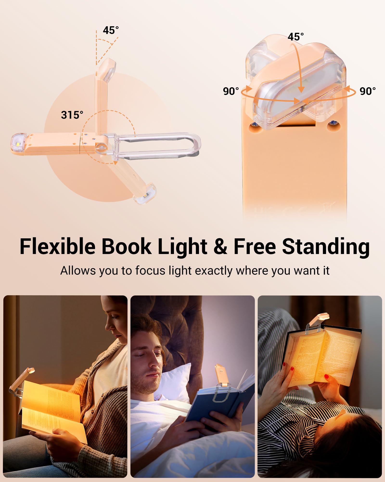 Dewenwils Usb Rechargeable Book Light, Led Clip On Reading Lights For Books In Bed At Night, Portable Bookmark Lamps, 4 Brightne