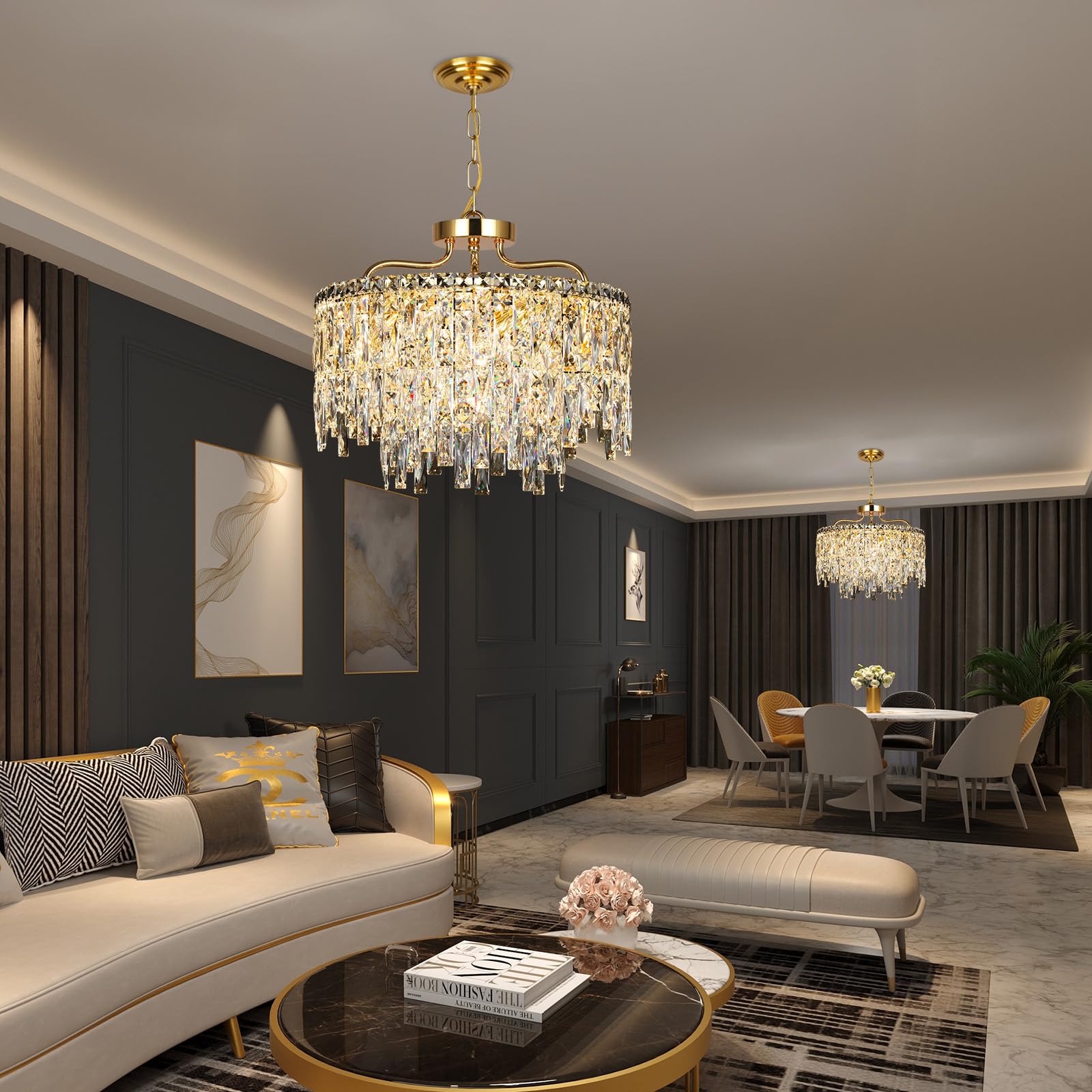 NISIDUN 6-Light Gold Crystal Chandelier, Modern Pendant Lighting for Dining Room, 18" Diameter, Luxury Ceiling Fixture
