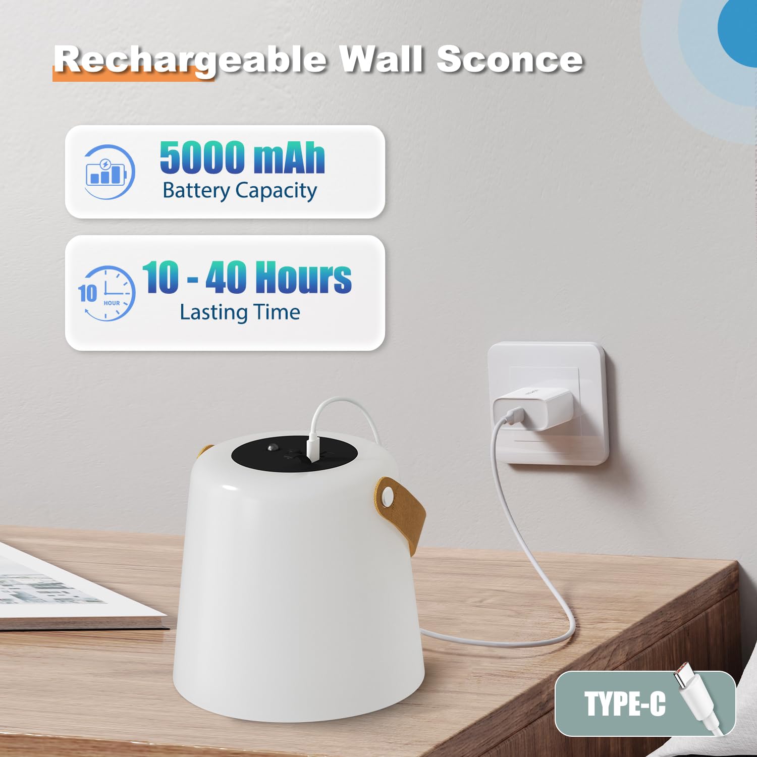 TACAHE Wall Sconce - Rechargeable Cordless Lamp - 5 Brightness Levels - Remote Control - Set of 2 - Black - Model TCH-BOWS05-5000mAh