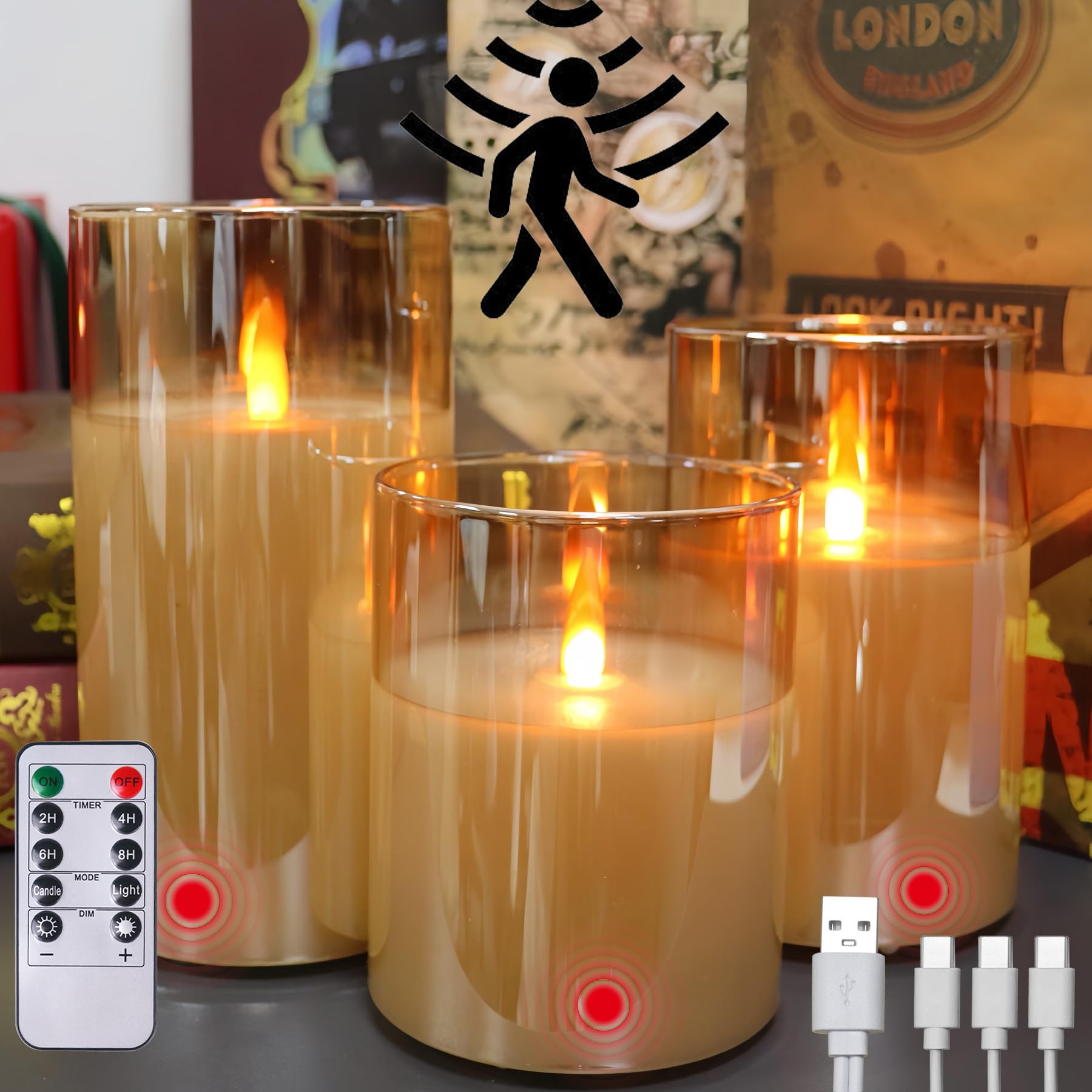 Flameless Candle Night Light  Motion Sensor Auto Switch On/Off  Rechargeable LED Glass Night Light with Remote Control and Timer Function  Ideal Kids For Mature Userss Nightlight for Bedroom  Bathroom  Hallway