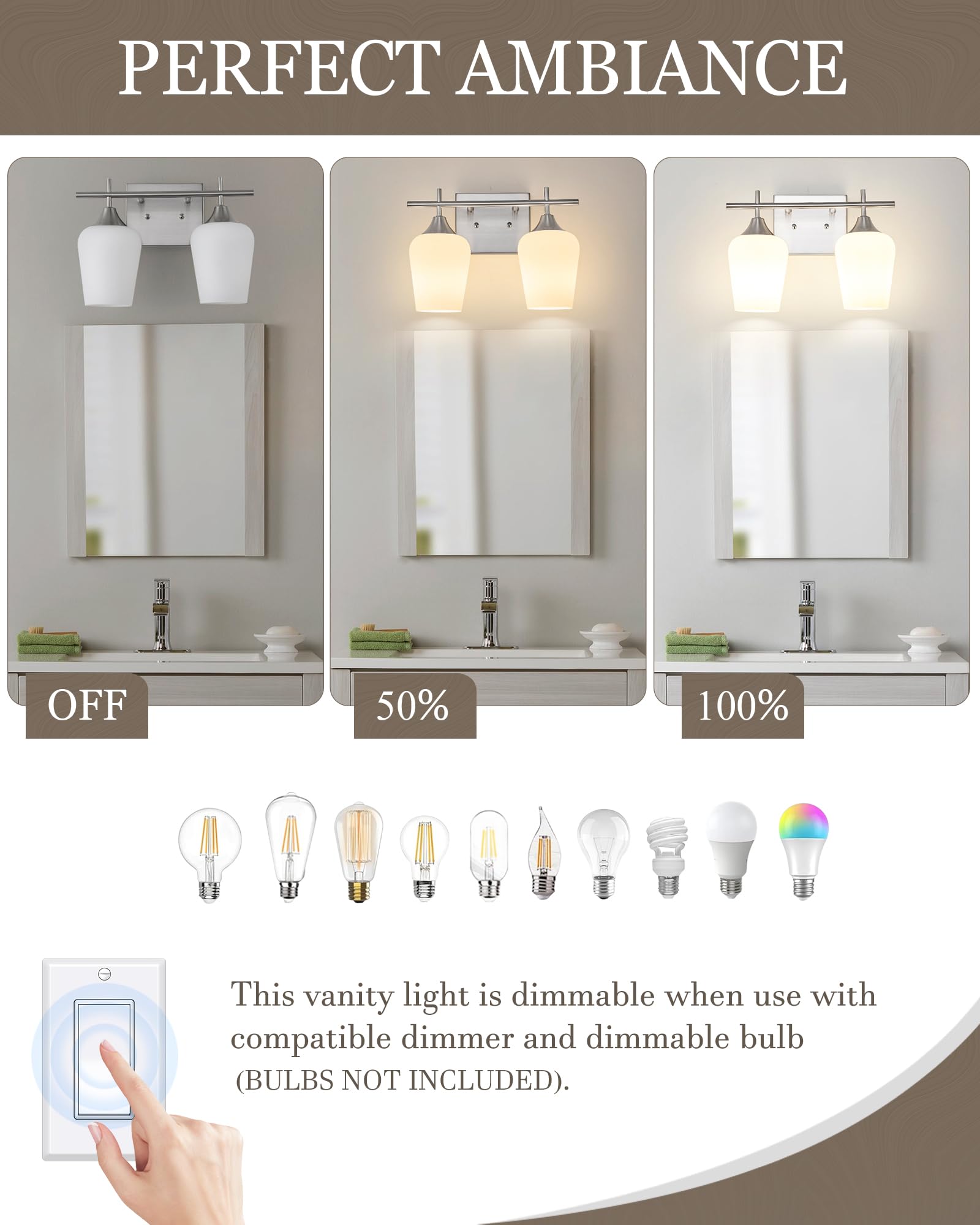 Osimir 2-Light Bathroom Light Fixture, Brushed Nickel, Frosted Glass, Model OS-YQ9167-2BNW, 15 Inch Vanity Wall Sconce
