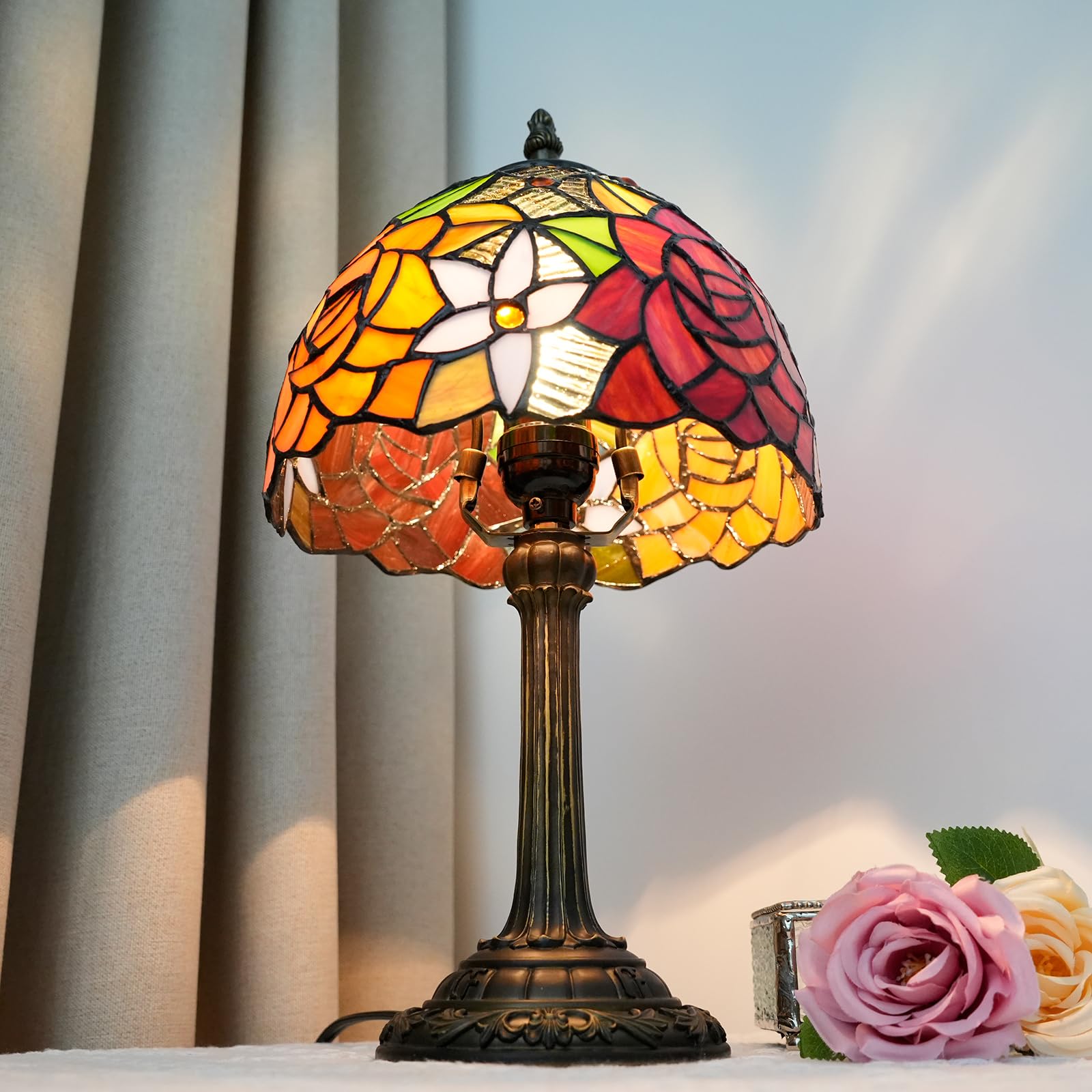 Wecrejoni 8 Inches Stained Glass Table Lamp Gorgeous Rose Tiffany Style Bedside For Desk Reading Light Bedroom Dorm Living Kitch