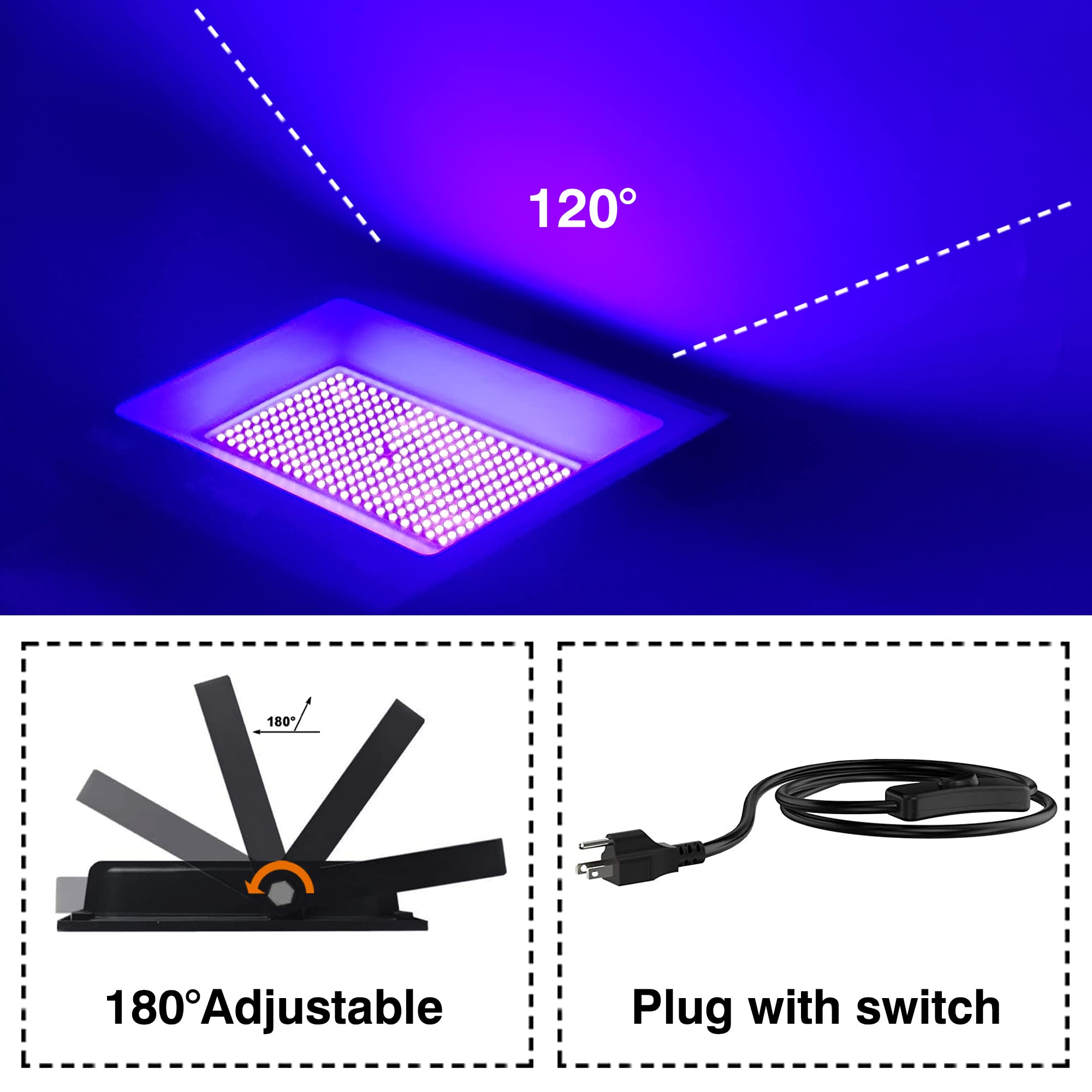 150W Black Lights For Glow Party Large Space,Blacklight(Luz Negra) With Plug And Switch 180Metals Adjustable Bracket,Ip66 Waterp
