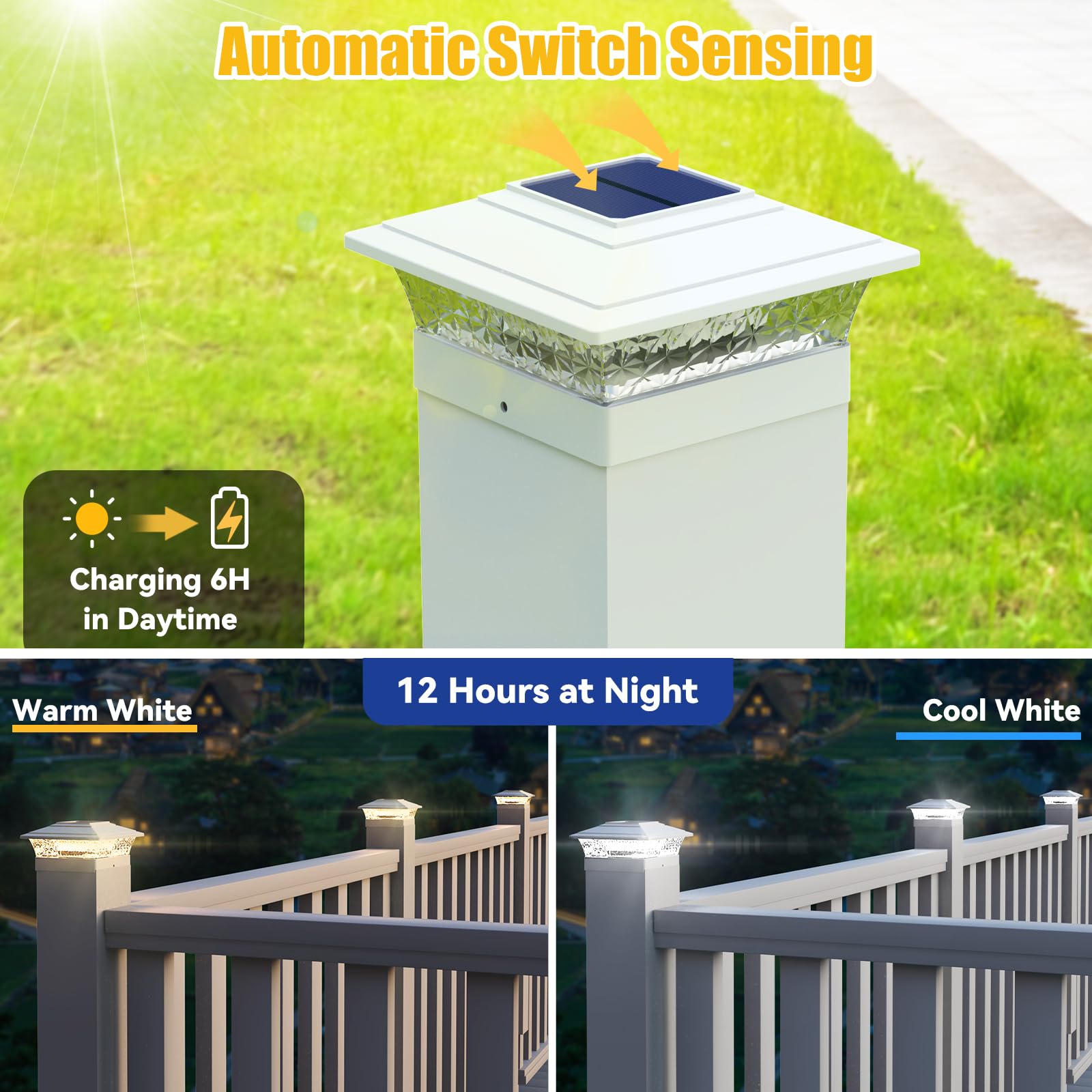 APONUO Solar Post Lights, 2 Modes, 16 LEDs, Waterproof, 12 Pack, for 4x4 5x5 6x6 Posts, White, Model 181