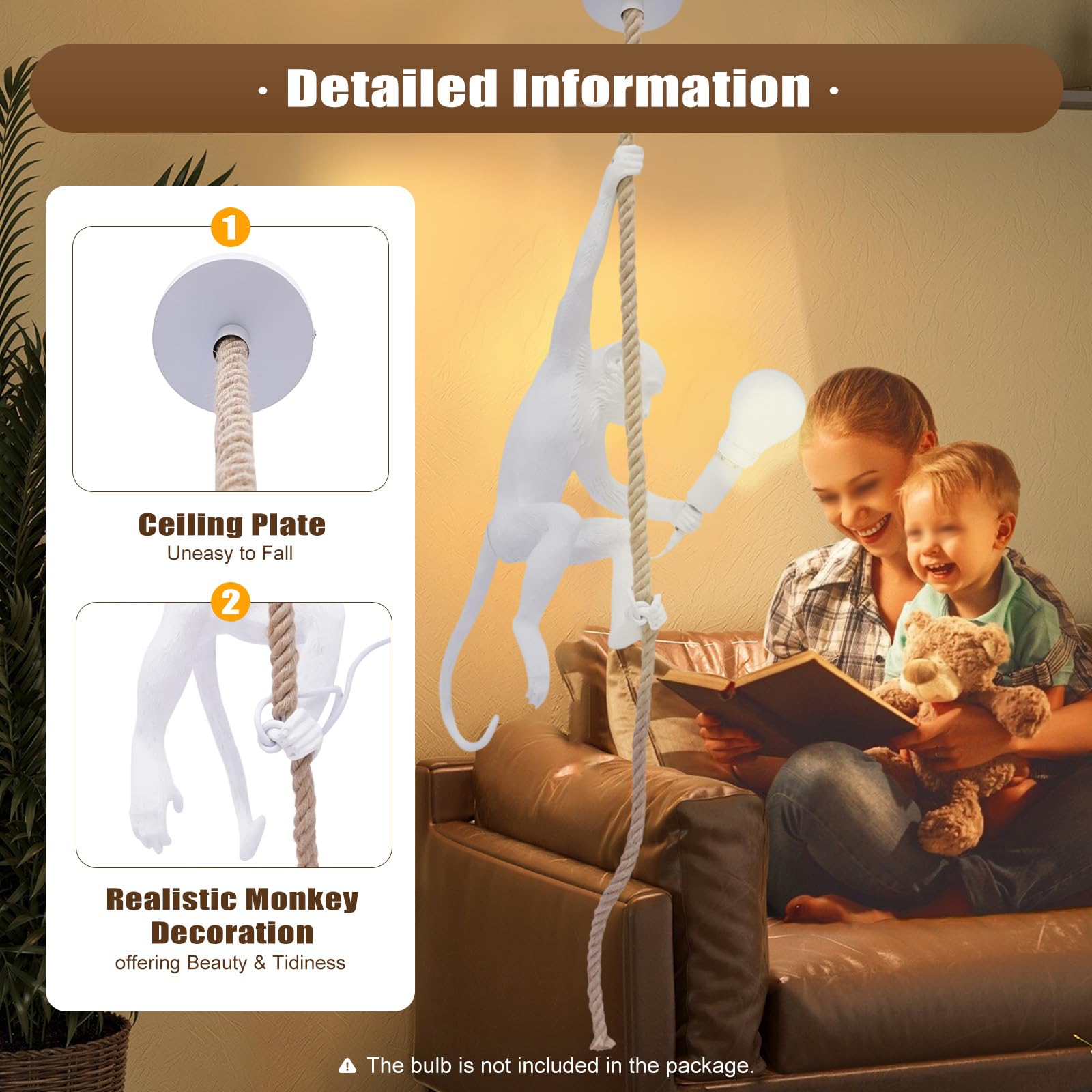 Huashuani Vintage Monkey Chandelier, Retro Resin Hemp Rope Monkey Pendant Light Fixture, Hanging Ceiling Lamp E26 For Dining Liv