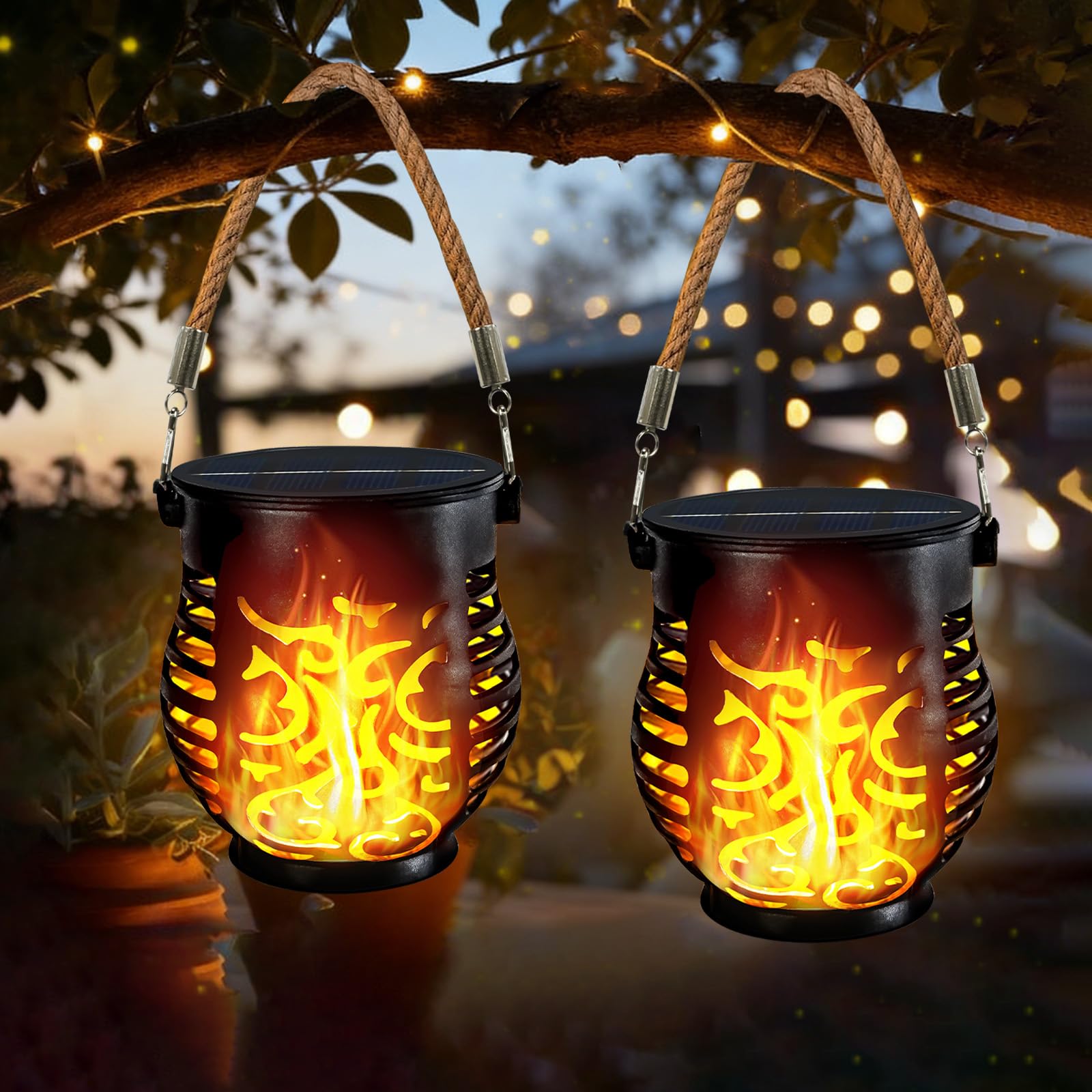 2 Pack Solar Lights Outdoor Waterproof, Solar Lantern with Realistic Flickering Flame, Auto On/Off Solar Powered Garden Light wi