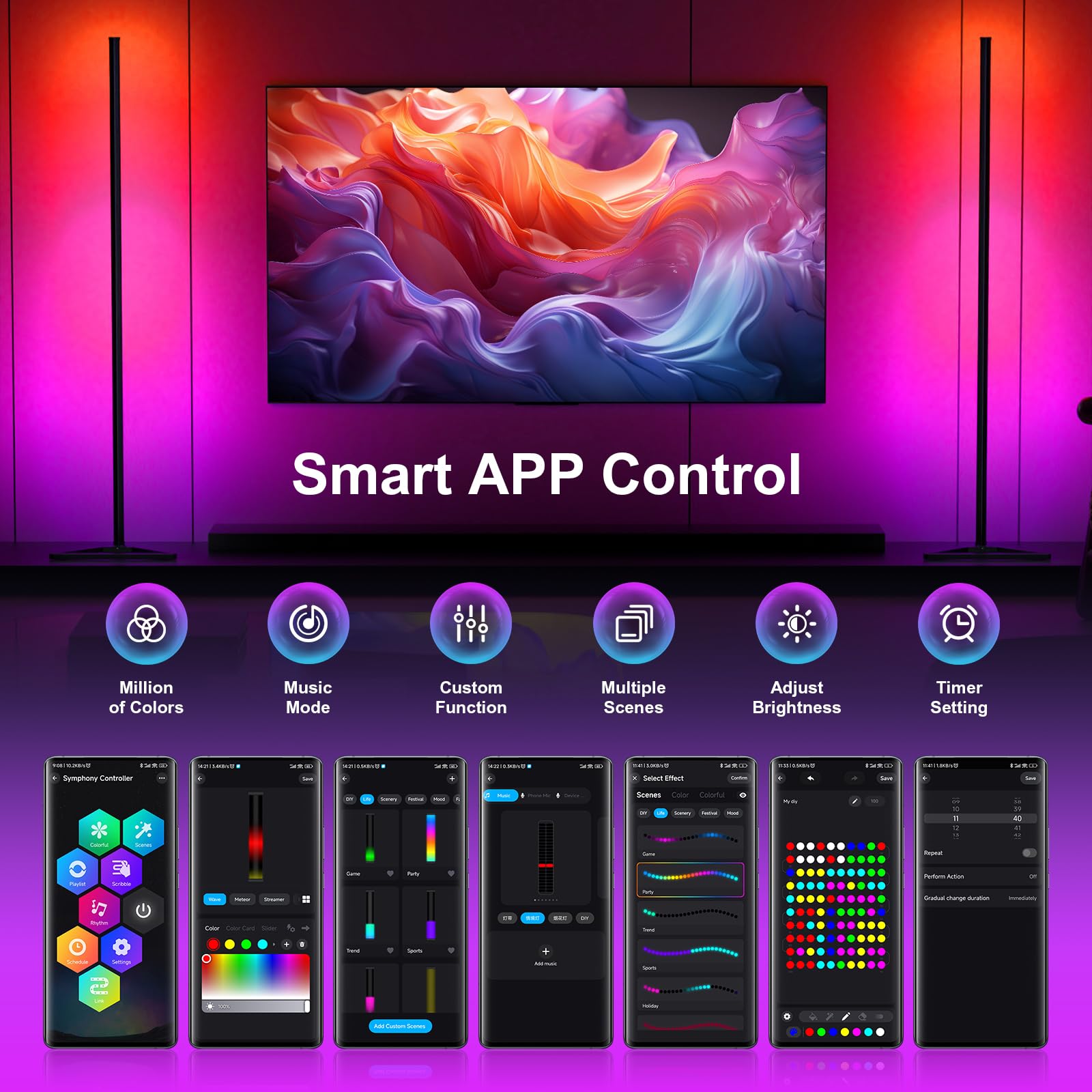 Miheal 2Pcs Black Corner Floor Lamp, Synced Lights Led Control Floor Lamp Rgb Light 56'' Smart Led Corner Lamp App And Remote Fo