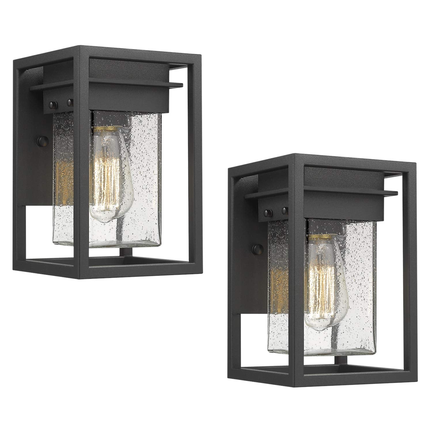 Osimir Outdoor Wall Lights, Black Waterproof Aluminum Fixtures, Modern Square Design, 2103-1W-2PK, Seeded Glass, 2 Pack