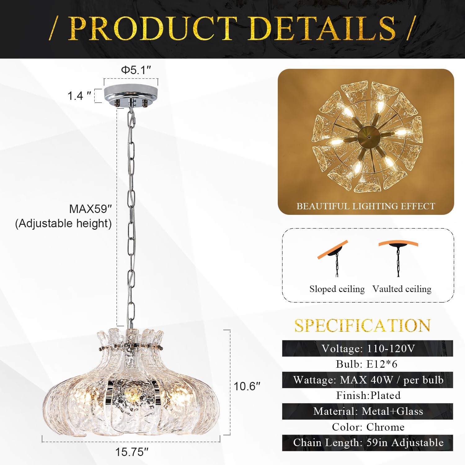 Poemoon 6-Light Water Ripple Glass Chandelier, 15.7" Chrome Pendant Lighting for Dining Room, Kitchen, Entryway, Model P52-400C1