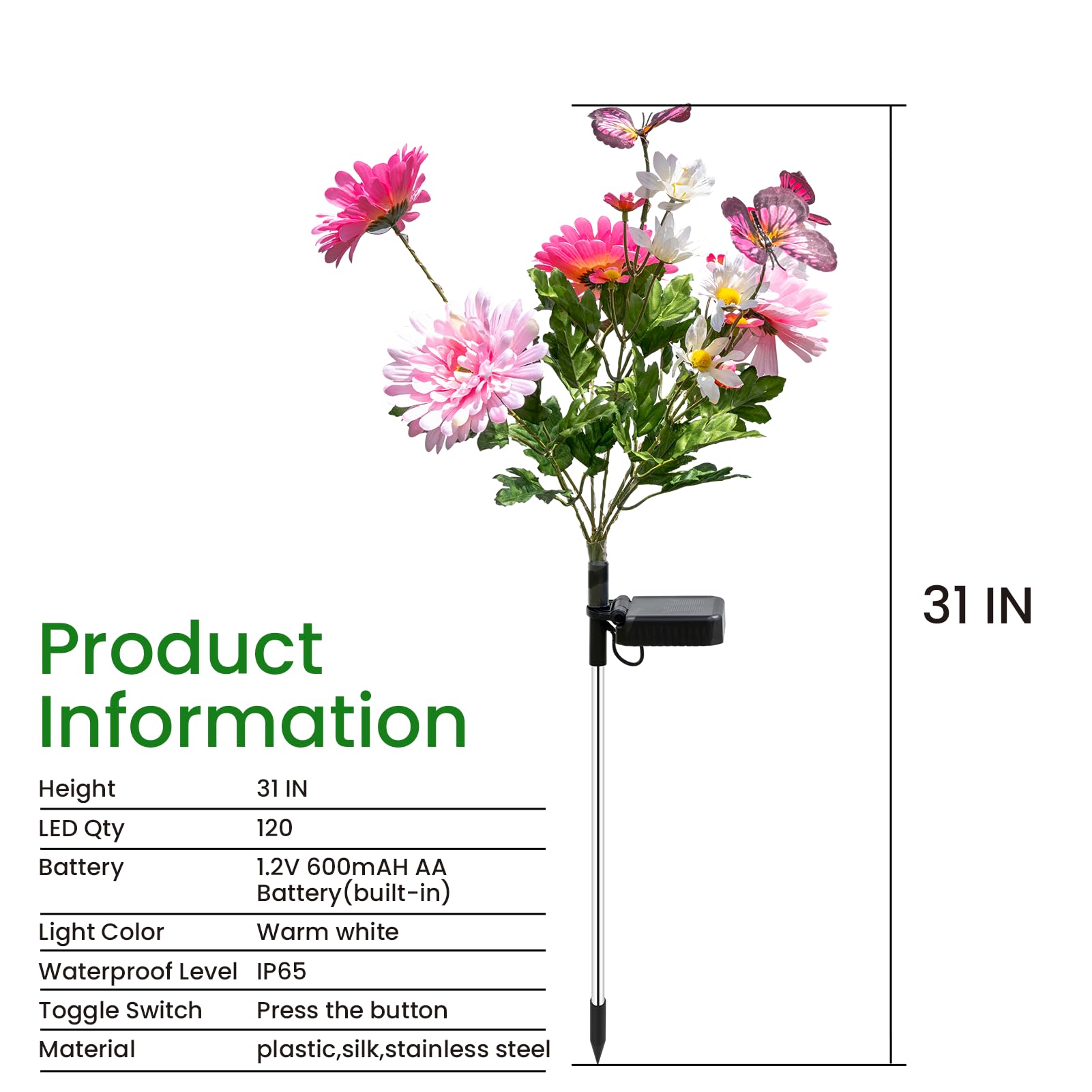 Topvelo Solar Garden Light 6 Packs  120 Leds Outdoor Solar Lighting With Daisy And Butterfly  Waterproof Outdoor Garden Light For Patio  Courtyard  Pathway Decoration (Pink)