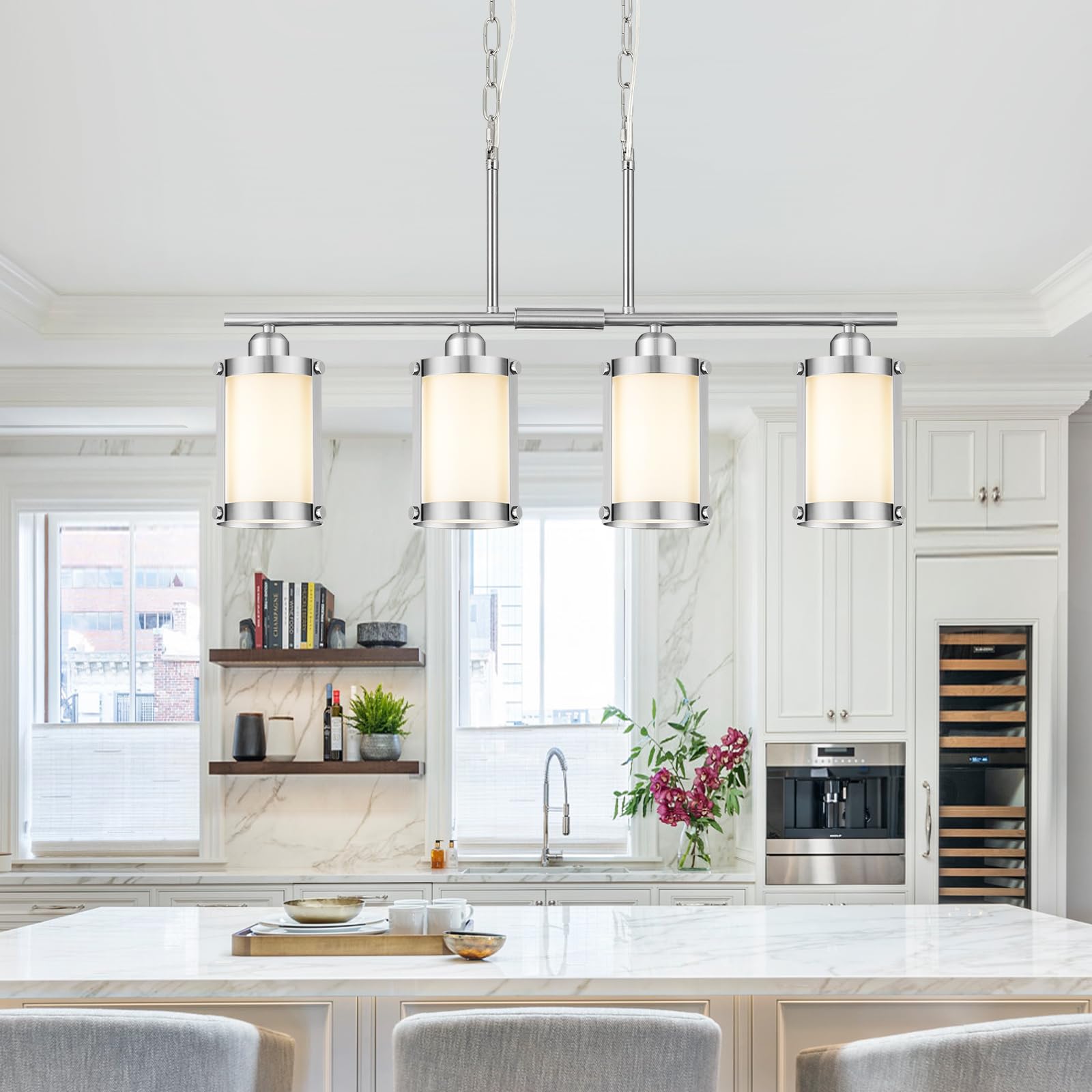 Osimir 4-Light Kitchen Island Lighting  Brushed Nickel Linear Dining Room Light Fixtures With Frosted Glass  Modern Industrial Chandelier Pendant Light For Kitchen Island Dining Room  Os-3014-4Isbnw